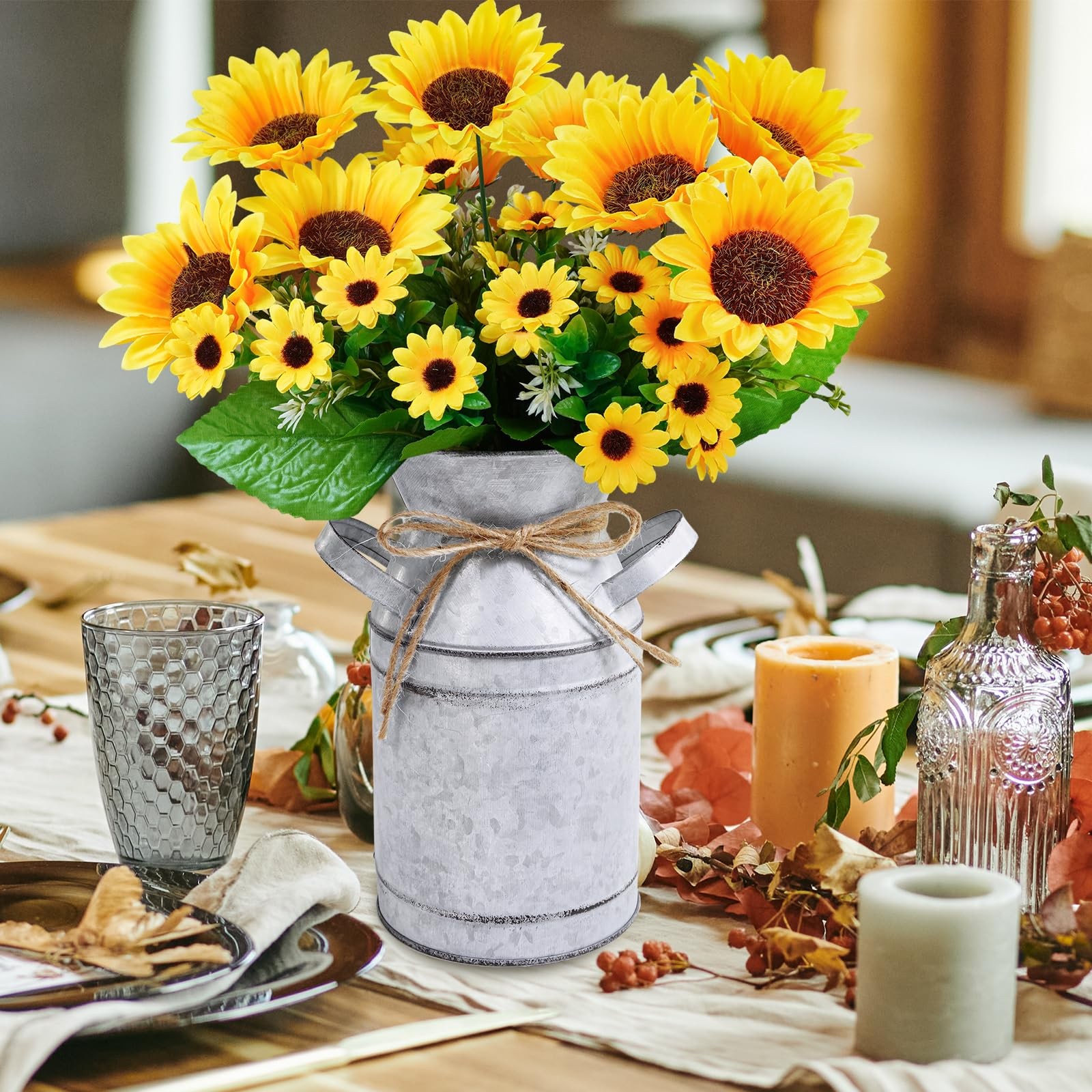 Farmhouse Sunflowers Centerpiece Metal Milk Jug Artificial Sunflower Bunches …