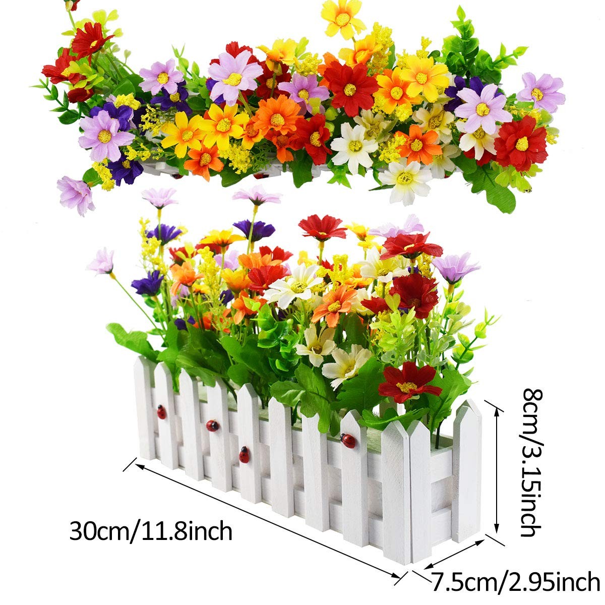 Artificial Flower Plants – Mixed Color Daisies in Picket Fence Pot for Indoor…