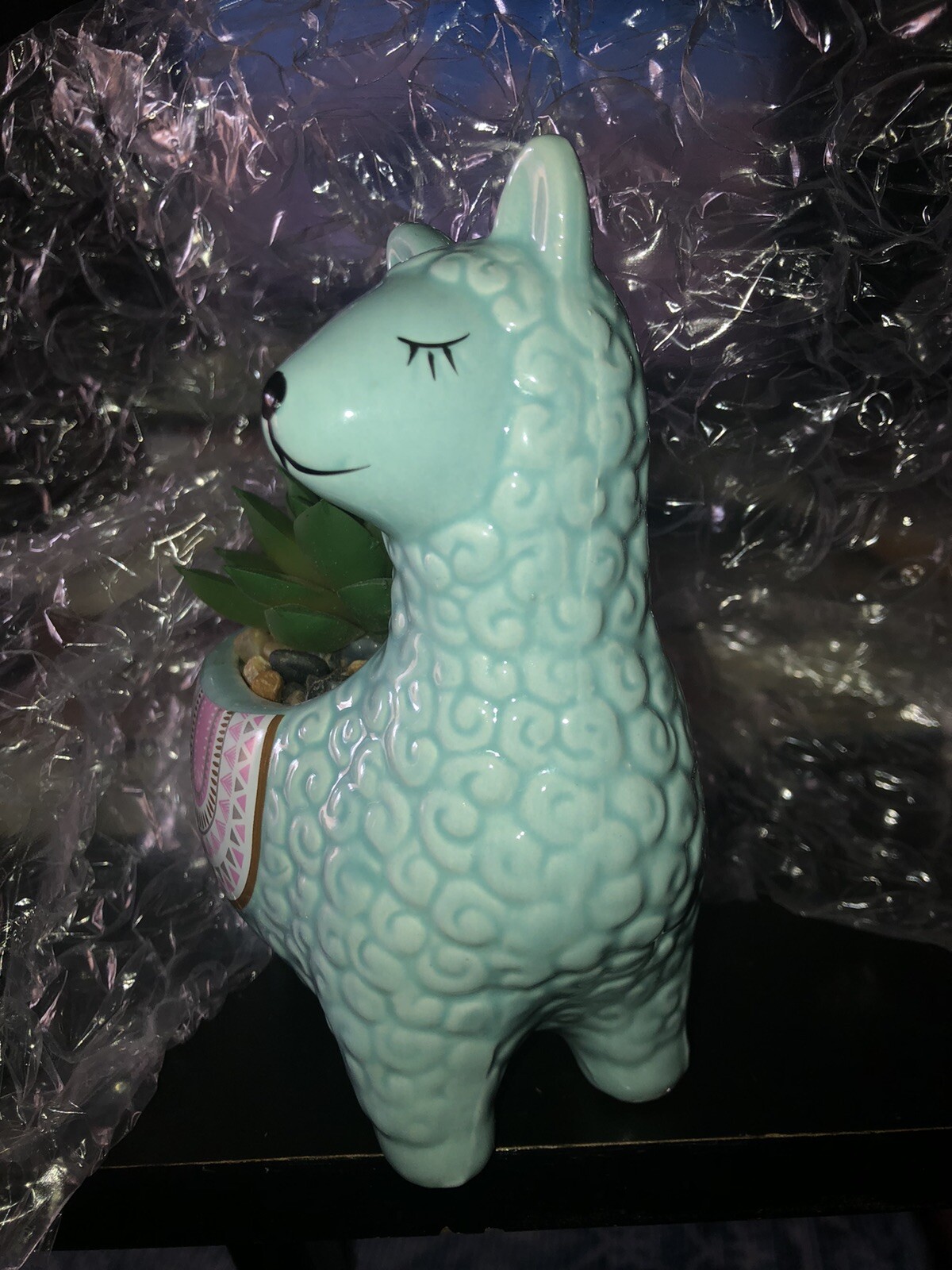 Llama Ceramic Vase W/Faux Succulent In Pebbles. 6 Inches High Including Plant