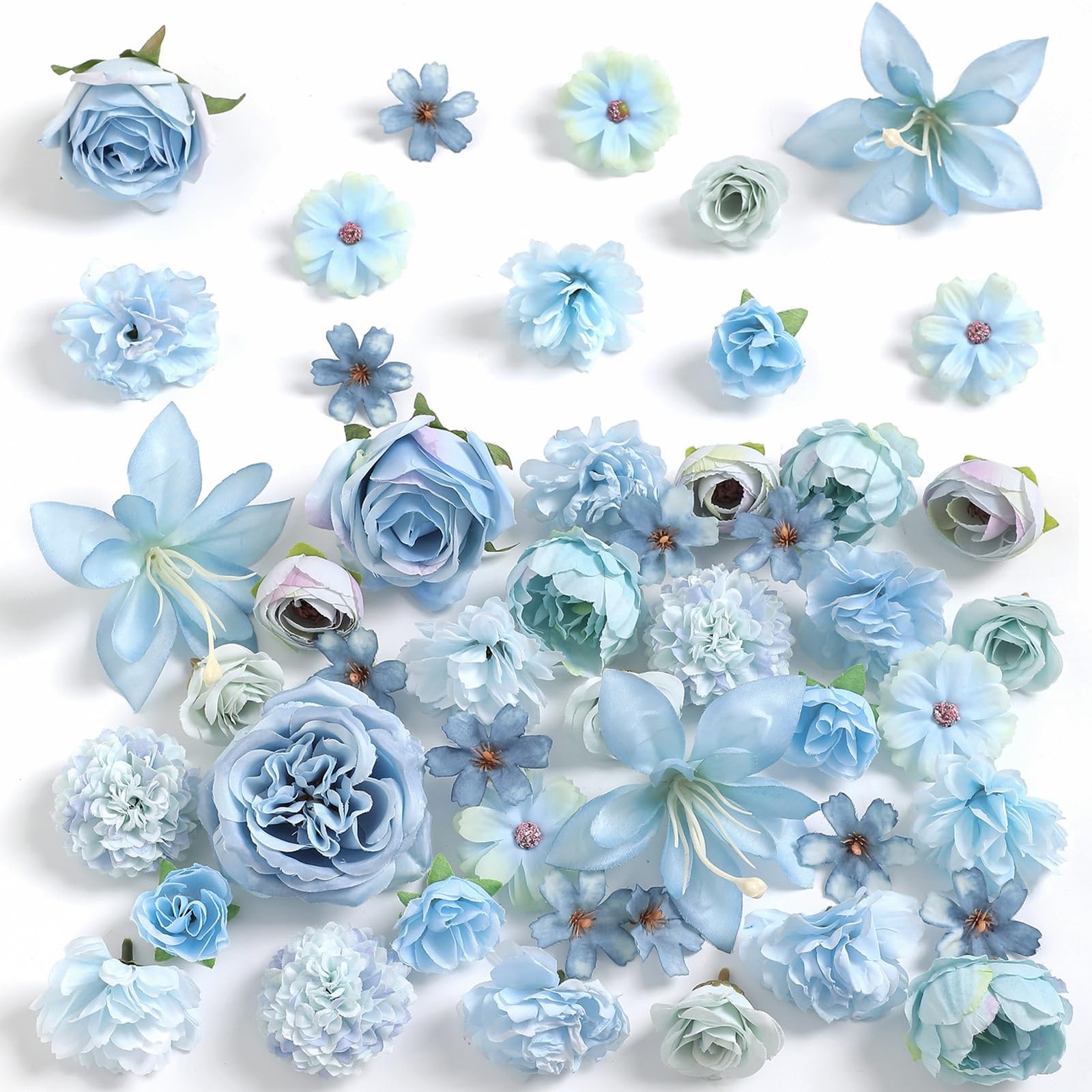 Fake Flower Heads for Crafts – Blue Silk Artificial Roses, Peonies, Daisies &…
