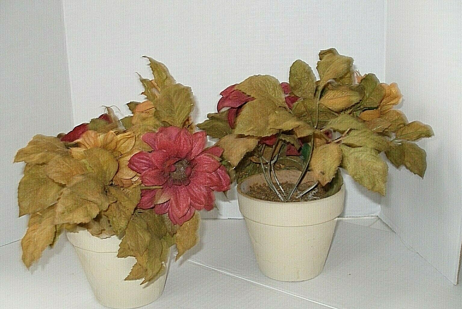 Pailr of Planters with Silk Flower Arrangements Fall Colors Burgundy Mustard New
