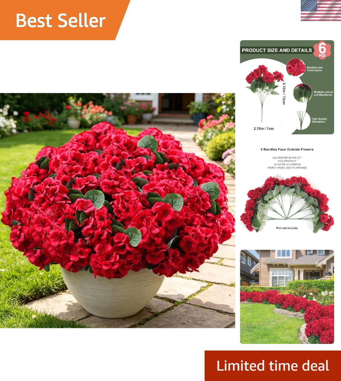Elegant 6 Bunches of UV Resistant Red Geraniums – Forever Fresh Outdoor Decor