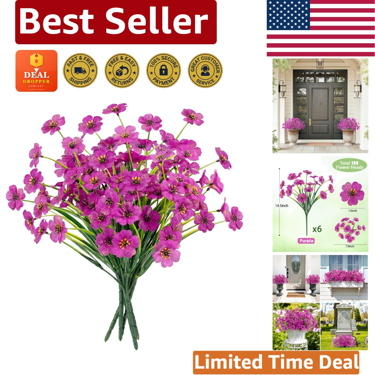 Vibrant Purple UV Resistant Artificial Plants – 6 Bundles for -Round Appeal