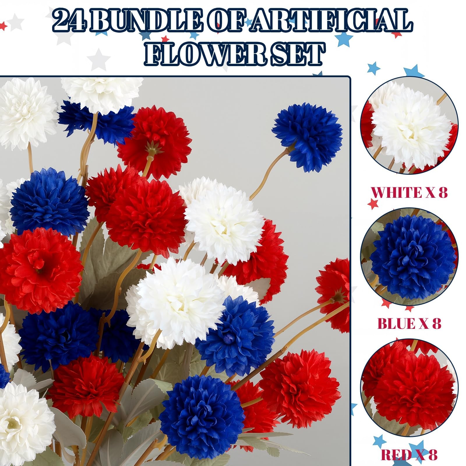 24 Bundles 4th of July Red Blue White Artificial Flowers for Outdoor Patrioti…