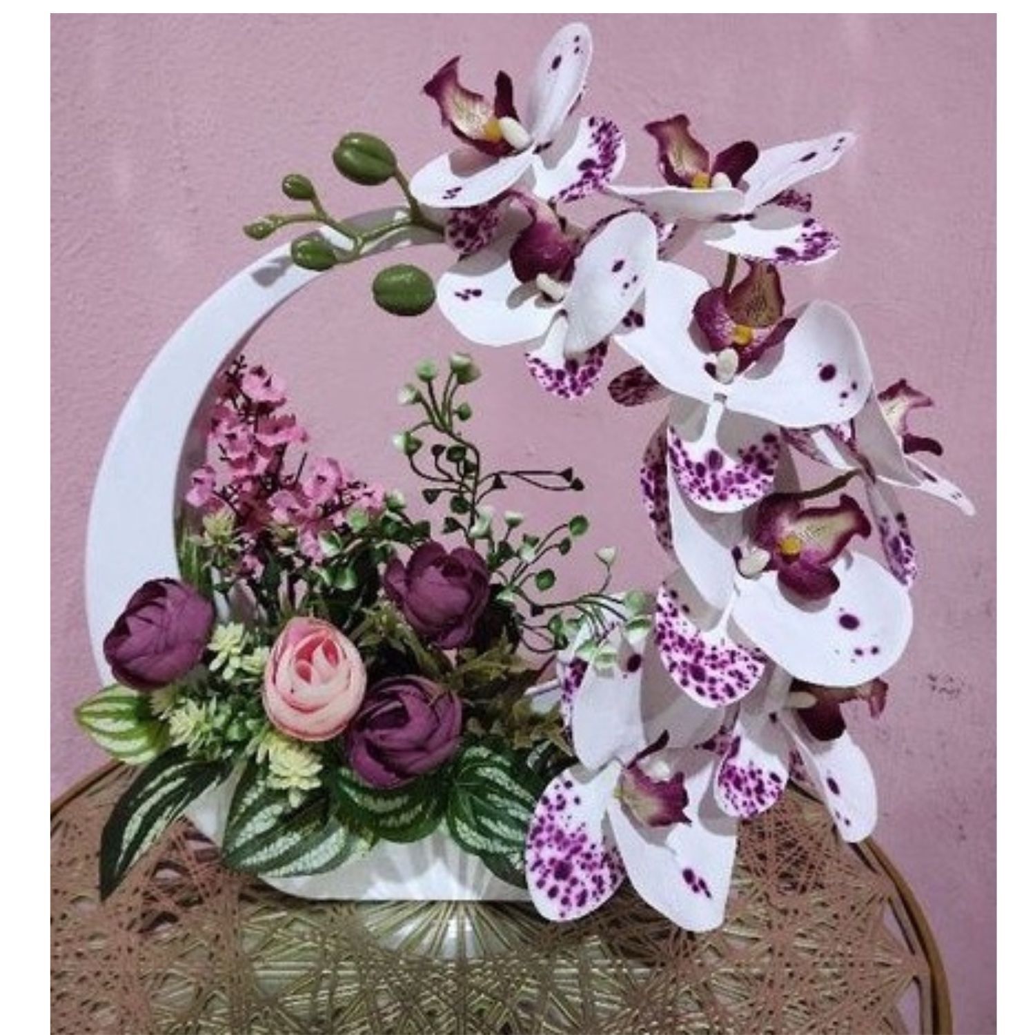 Artificial Phalaenopsis Latex Orchid Flowers Arrangement with White Purple Vase