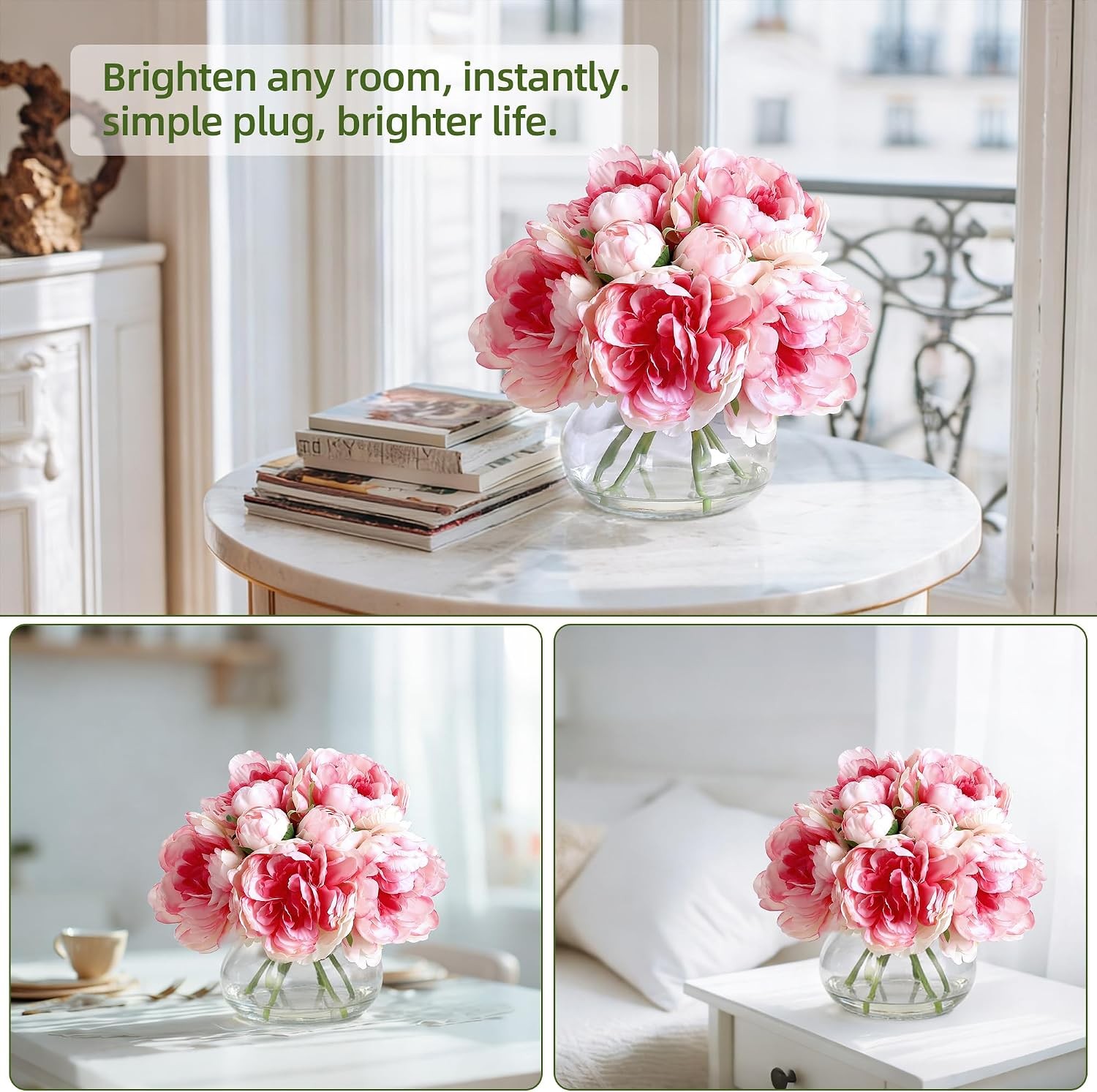 Peonies 7-Count Artificial Silk Bouquet Flower in Glass Vase with Faux Water
