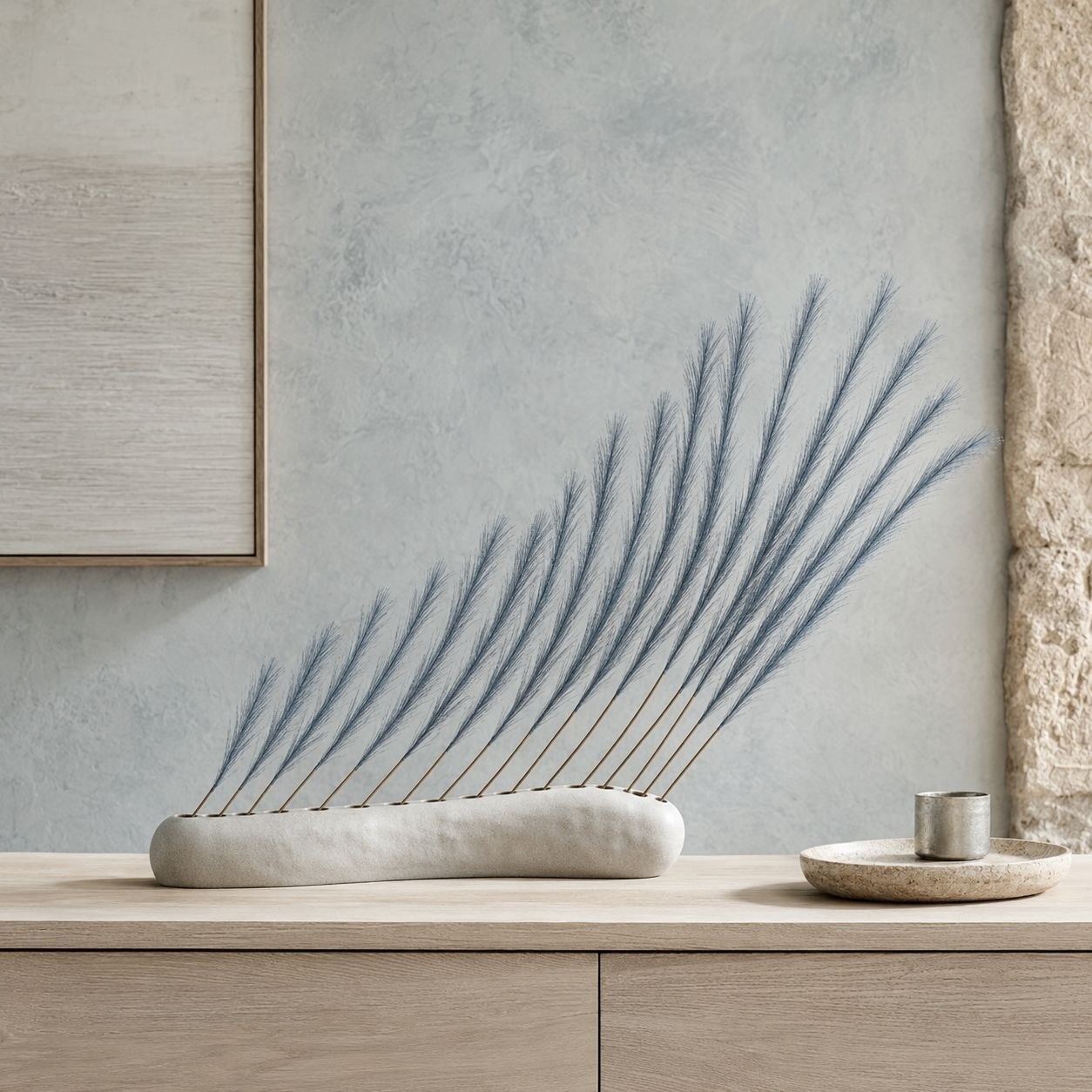 Slate Blue Faux Pampas Grass Stems, 16-Piece 31-Inch Wispy Synthetic Floor Vase