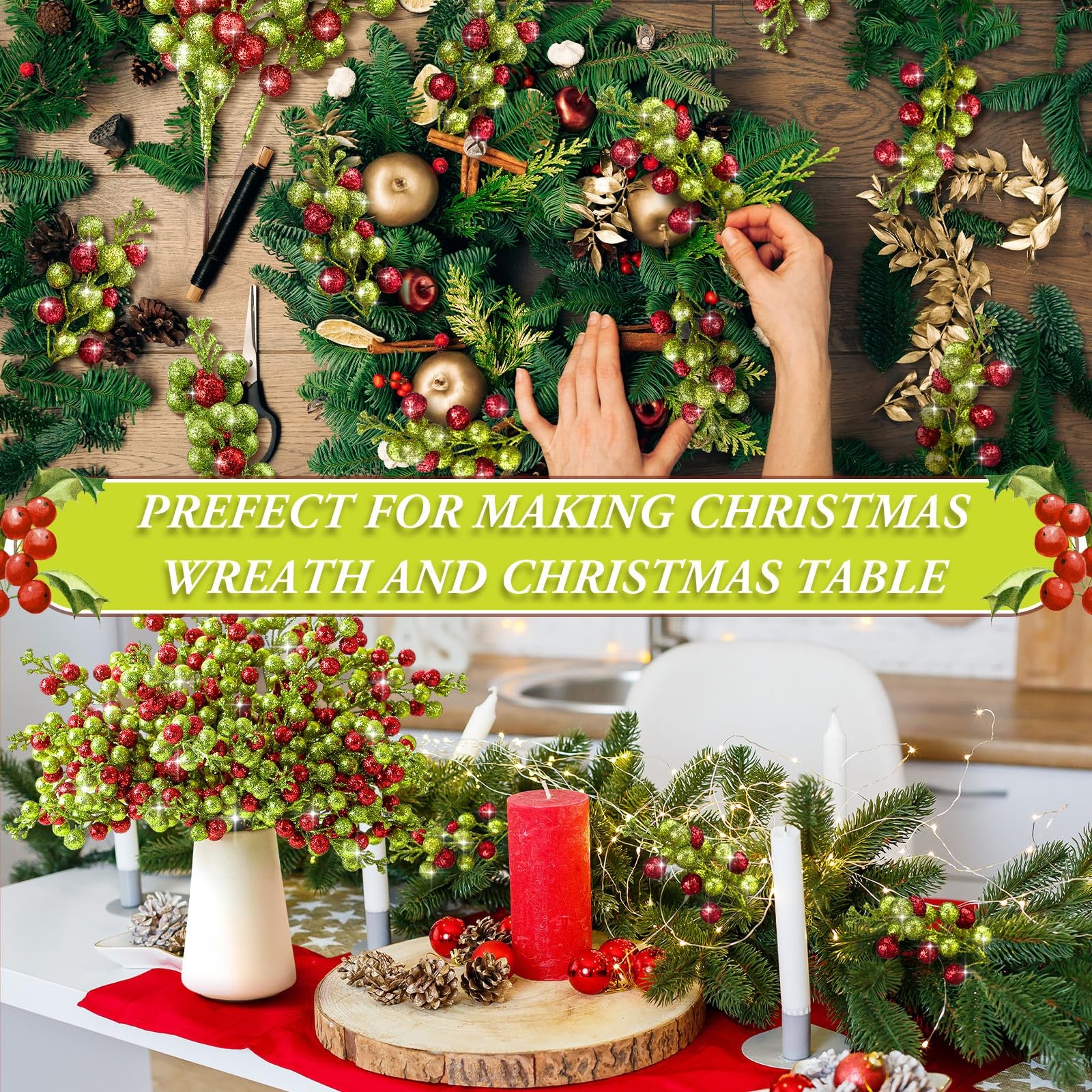 48 Pcs Christmas Glitter Berry Stem 8 Inch Red Green Artificial Holly Berry P…