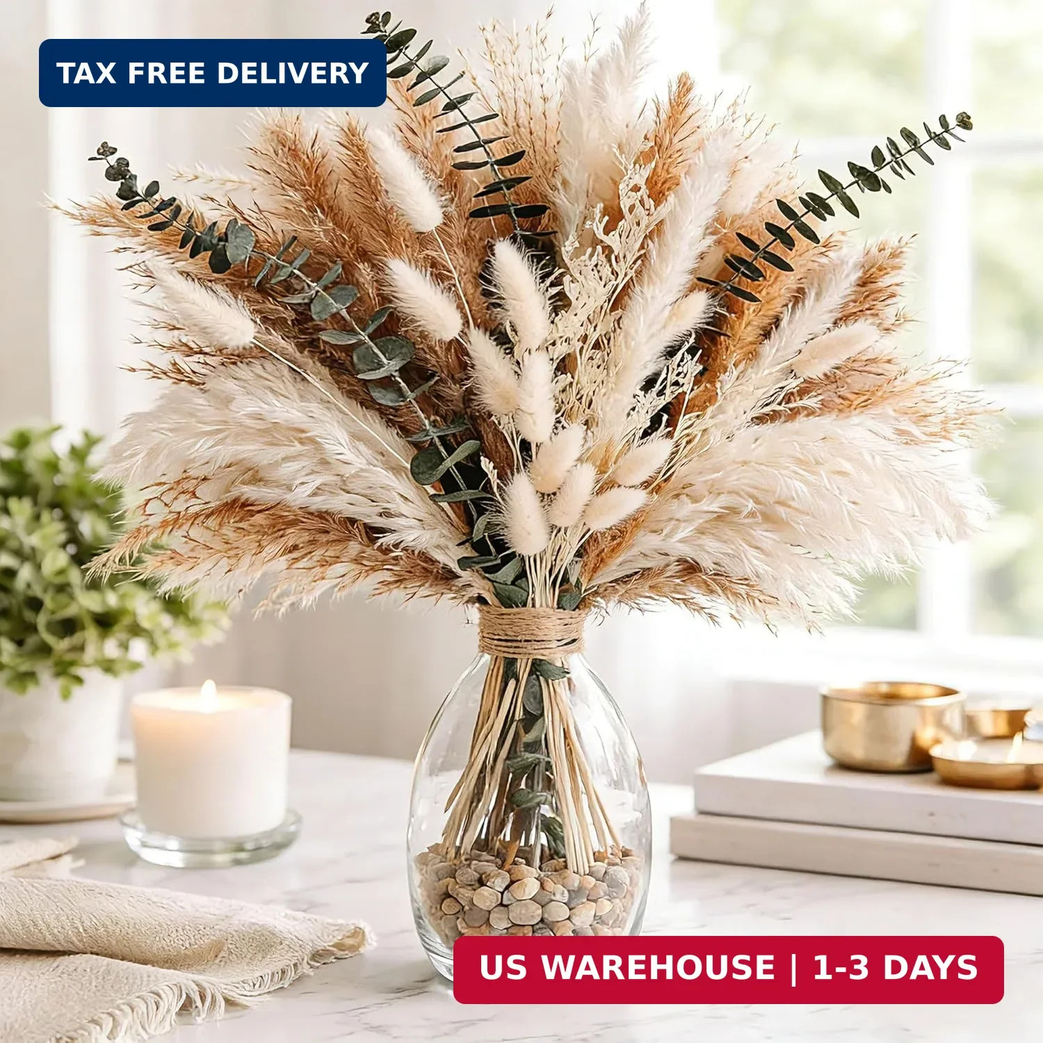Dried Flower Bouquet – Pampas Grass, Bunny Tails, Olive Green Eucalyptus & Prese