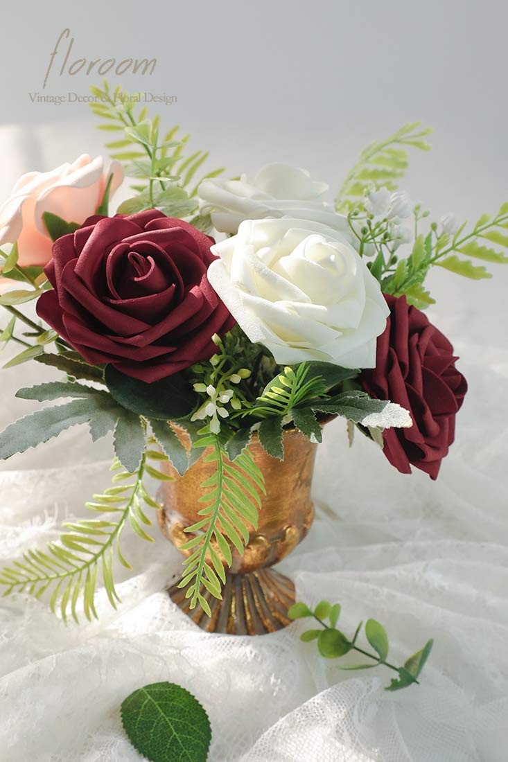 Floroom Artificial Flowers 25pcs Real Looking Burgundy Foam Fake Roses with S…
