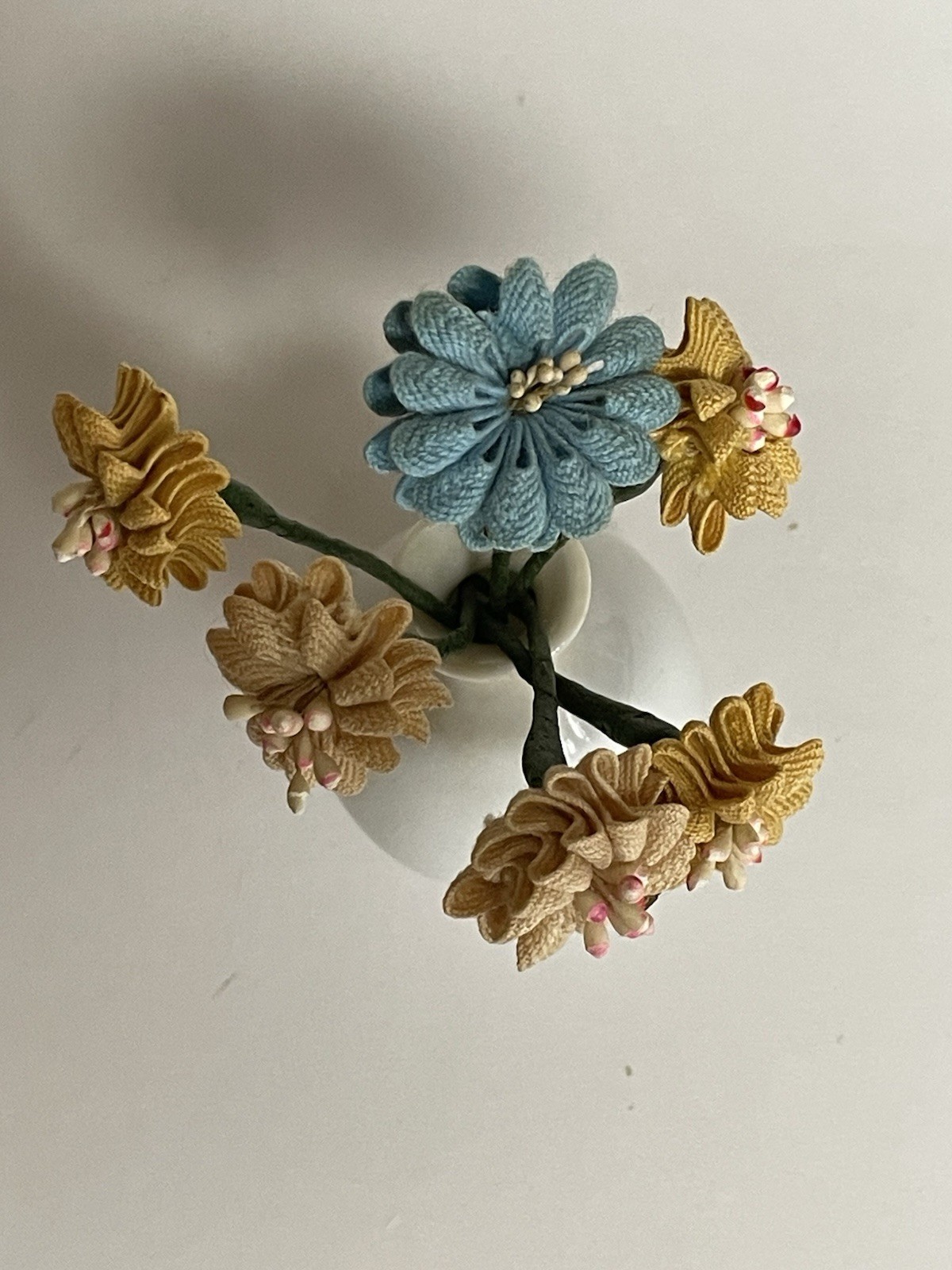 Cloth Flowers and White Ceramic Vase Miniature Decor Made in Japan 4”