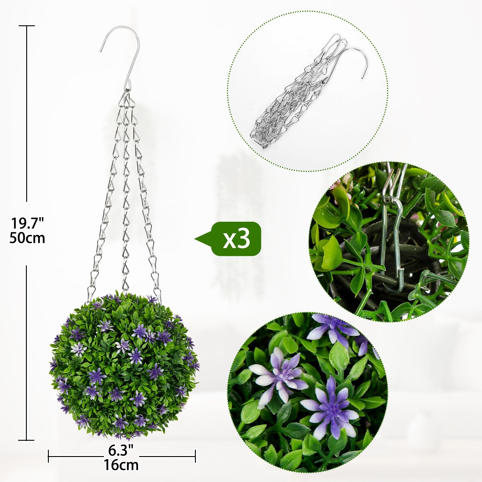 Oairse 3 Pcs Artificial Hanging Topiary Flower Ball – 6.3″ Fake Hanging Topia…