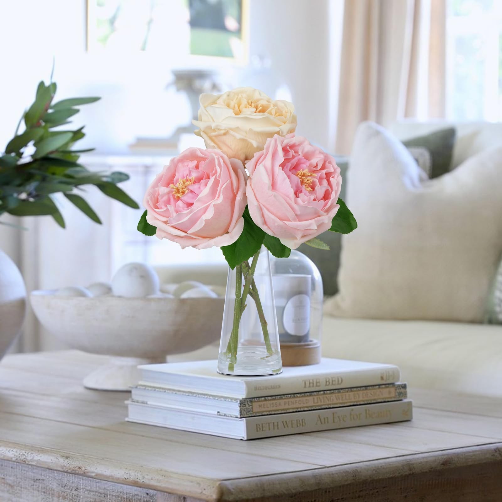 Fake Flowers in Vase Artificial Pink Peonies Arrangements Table Centerpiece