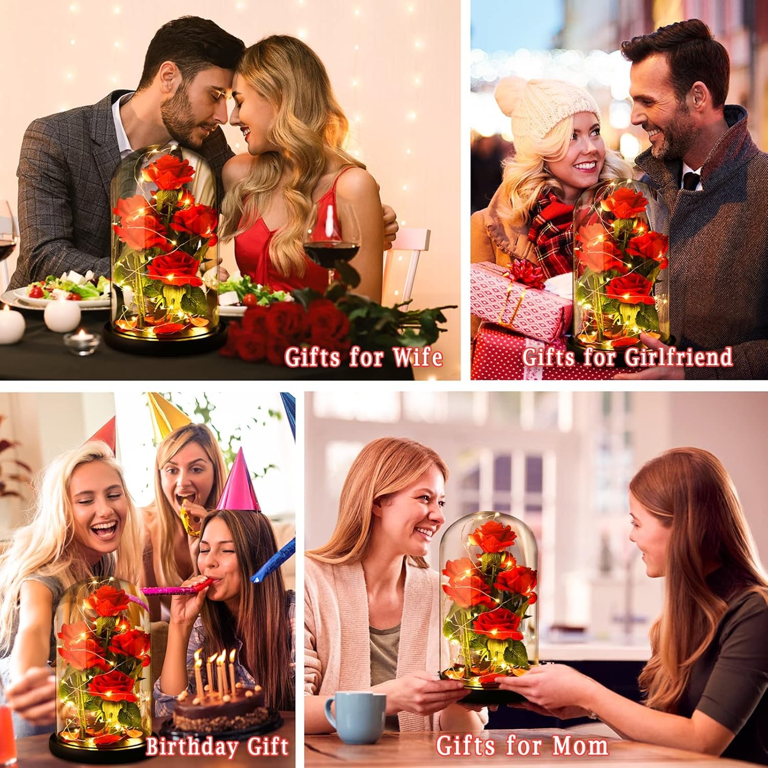 Mothers Day Rose Gifts for Women Beauty and Beast in Glass Dome with LED Light