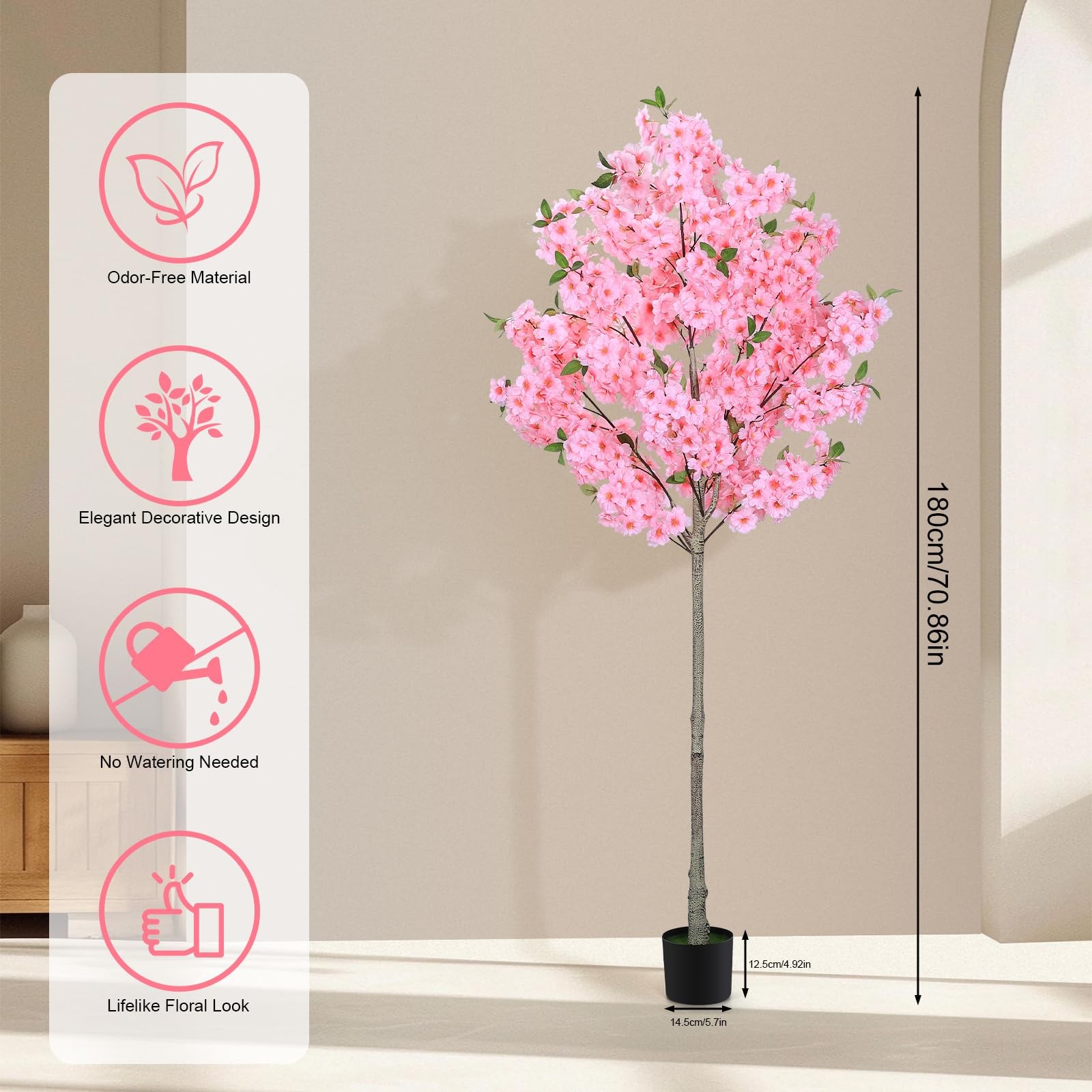 6FT Artificial Cherry Blossom Tree with Pot, Faux Pink Sakura Tree with Adjus…