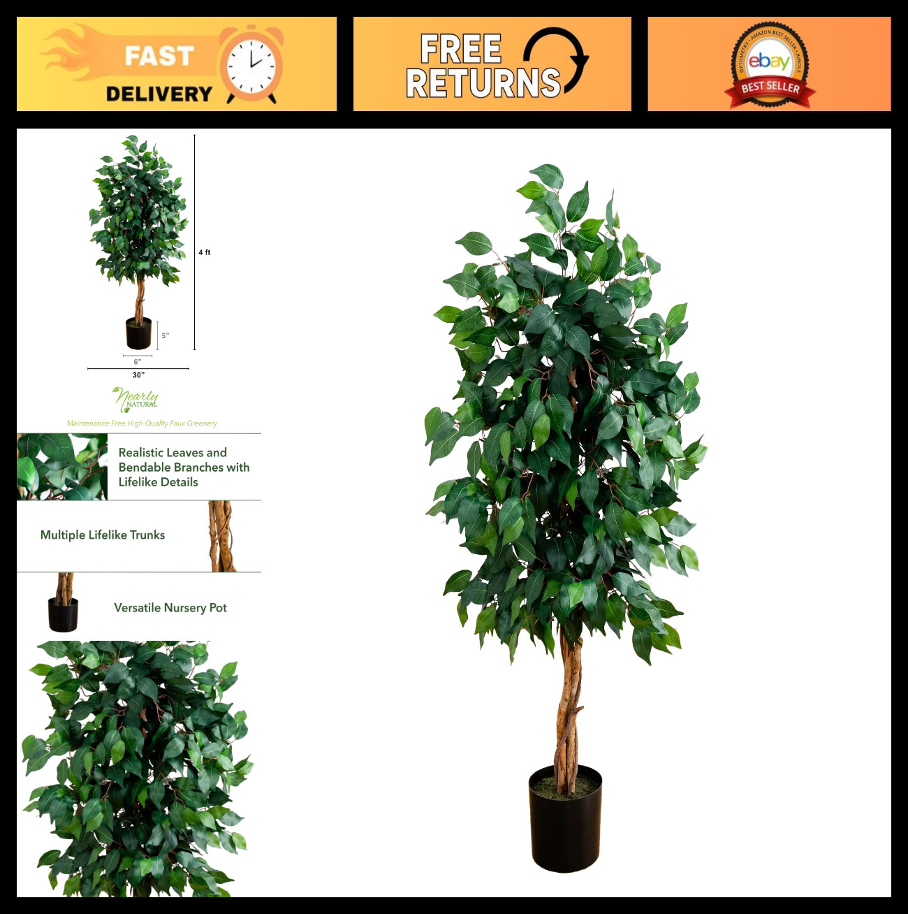 4ft Artificial Triple Trunk Ficus Tree – Silk Plant with Natural Wood Trunks, De