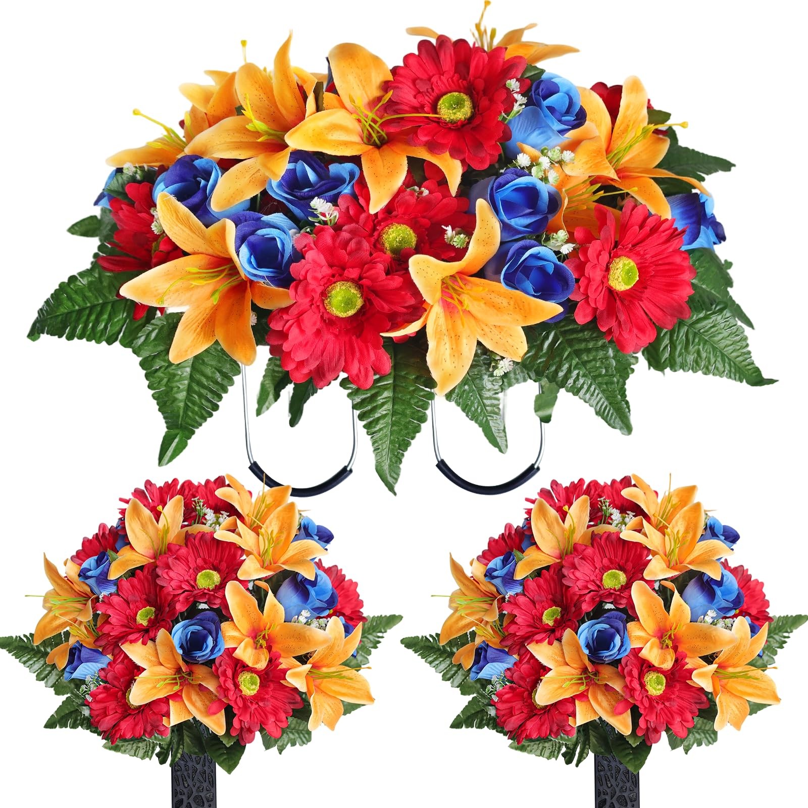 Artificial Cemetery Flower Saddles 3 PCS Lily Rose Gerbera with Vase for Grave