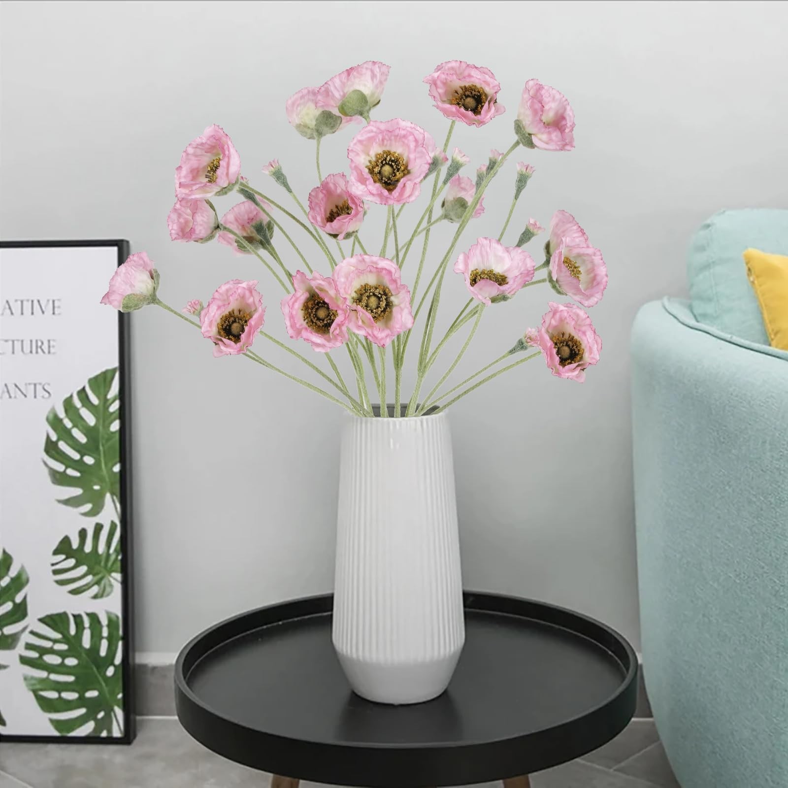 6PCS Pink Poppy Flowers Artificial 26.77in 30 Heads Faux Poppy Flowers Silk F…