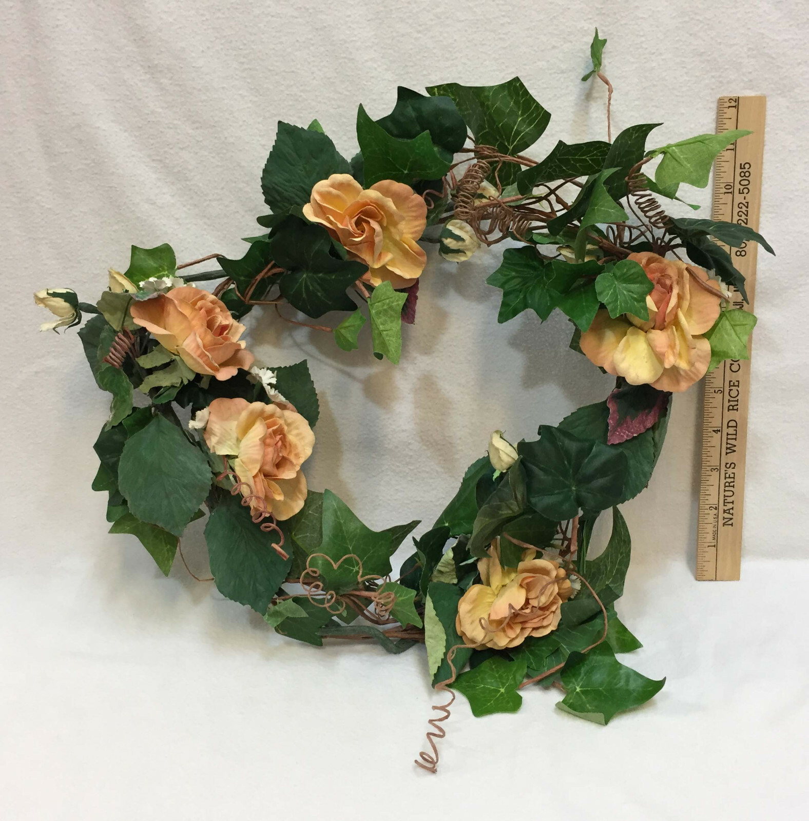 Wreath Peach Roses Green Ivy 15″ Artificial Pale Pink Flowers Berries