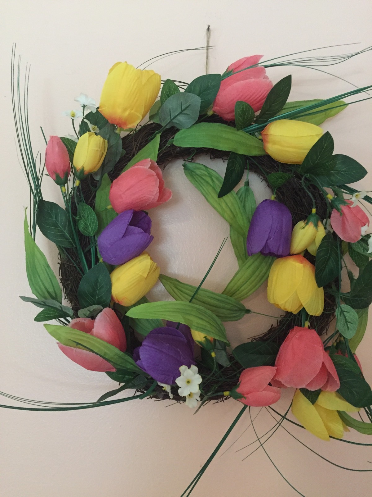 Beautiful Bright Floral Pink Purple Yellow Tulip Spring Door Wreath Door Decor