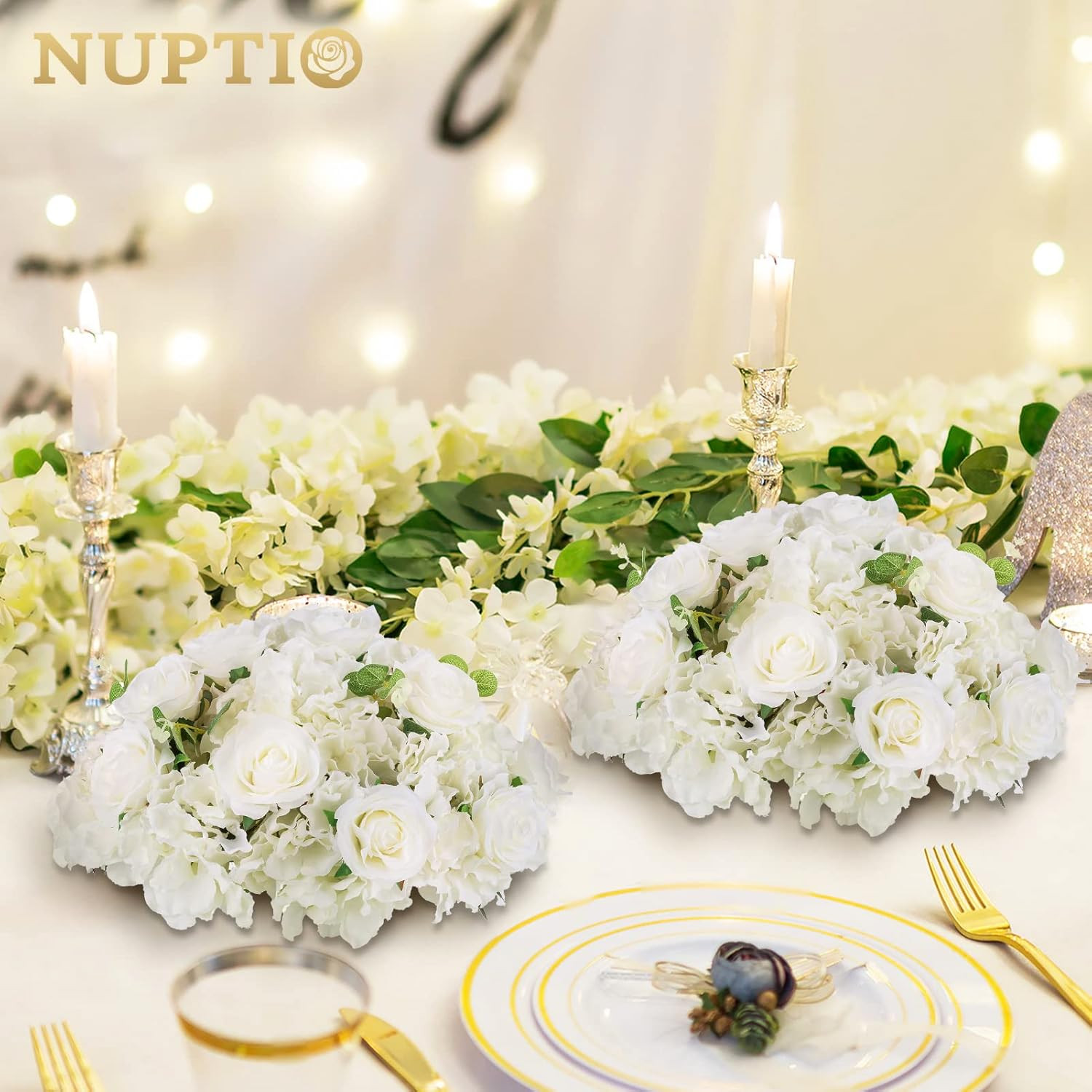 NUPTIO Flower Ball Arrangement Bouquet – 10 Pcs 15.7 Inch Diameter White Fake Fl