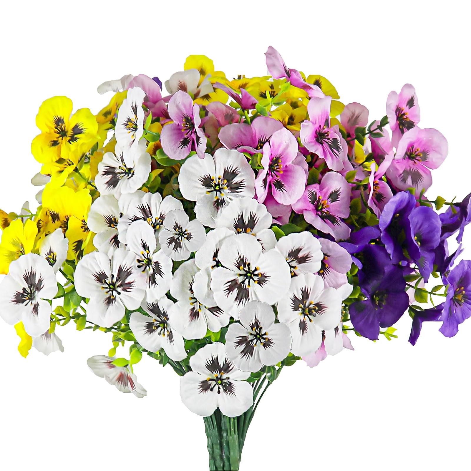 Artificial Fake Pansy Flowers UV Resistant Faux Silk 12 Bundles Yellow Purple