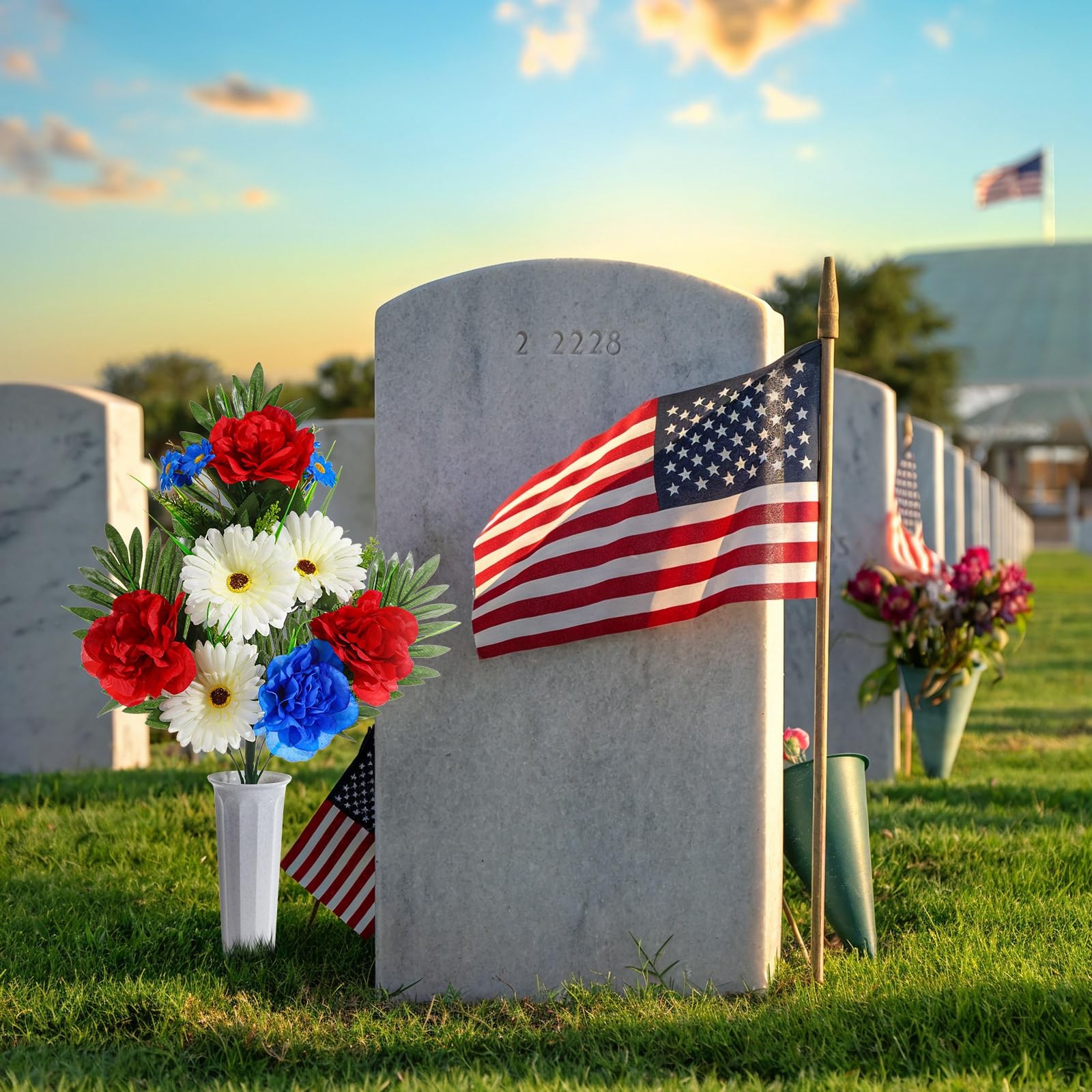 6 PCS Patriotic Memorial Red Blue White Artificial Flowers Bouquet With Vase
