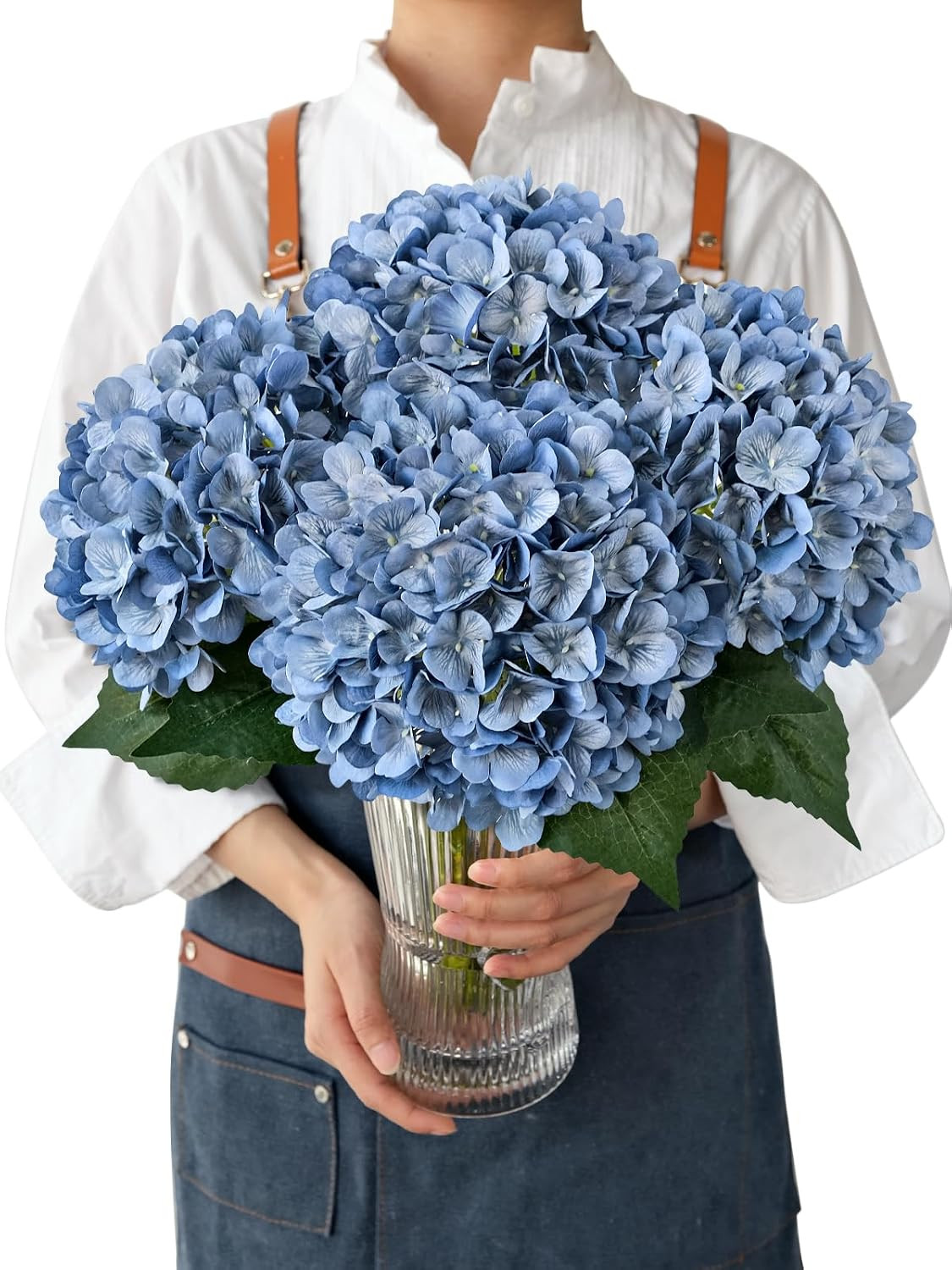 Retro Blue Silk Artificial Hydrangeas Flowers, 4PCS 21″ Vintage Large Lifelike F