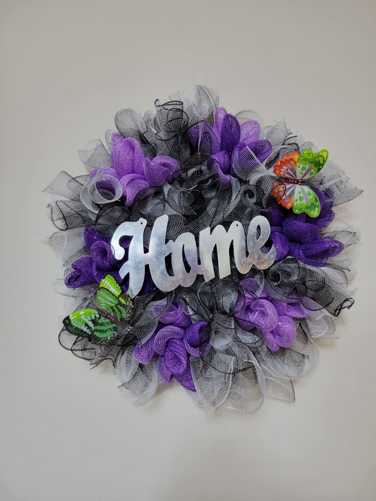 HOME black purple white Spring Summer Fall Wreath bunny Mesh Front Door Decor