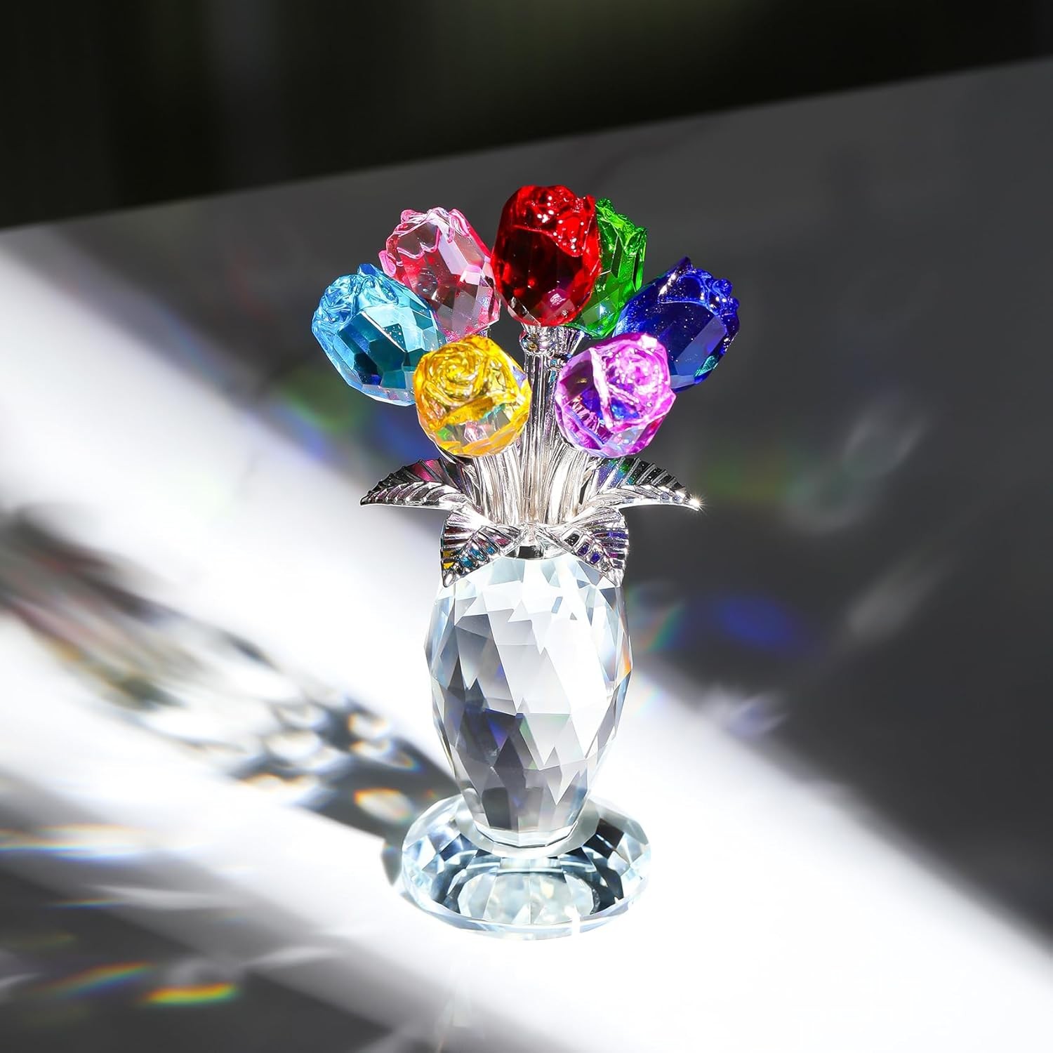 Crystal Colorful Rose Flower Bouquet Figurine with Vase, Handmade Romantic Glass