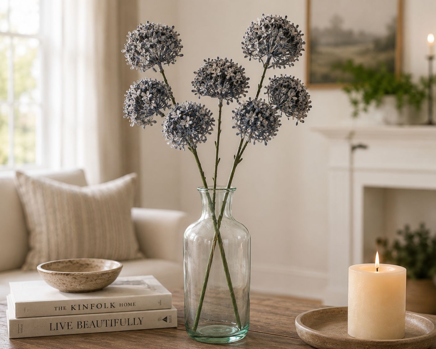 Artificial Blue Allium Flower Stems Set of 2 Dusty French Blue Faux Floral Spray