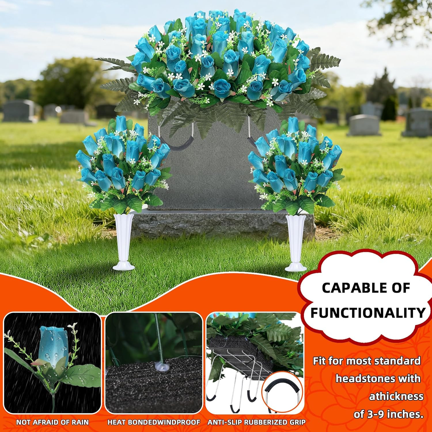 Deep Blue Artificial Cemetery Flowers – 3 Sets for Grave Decoration