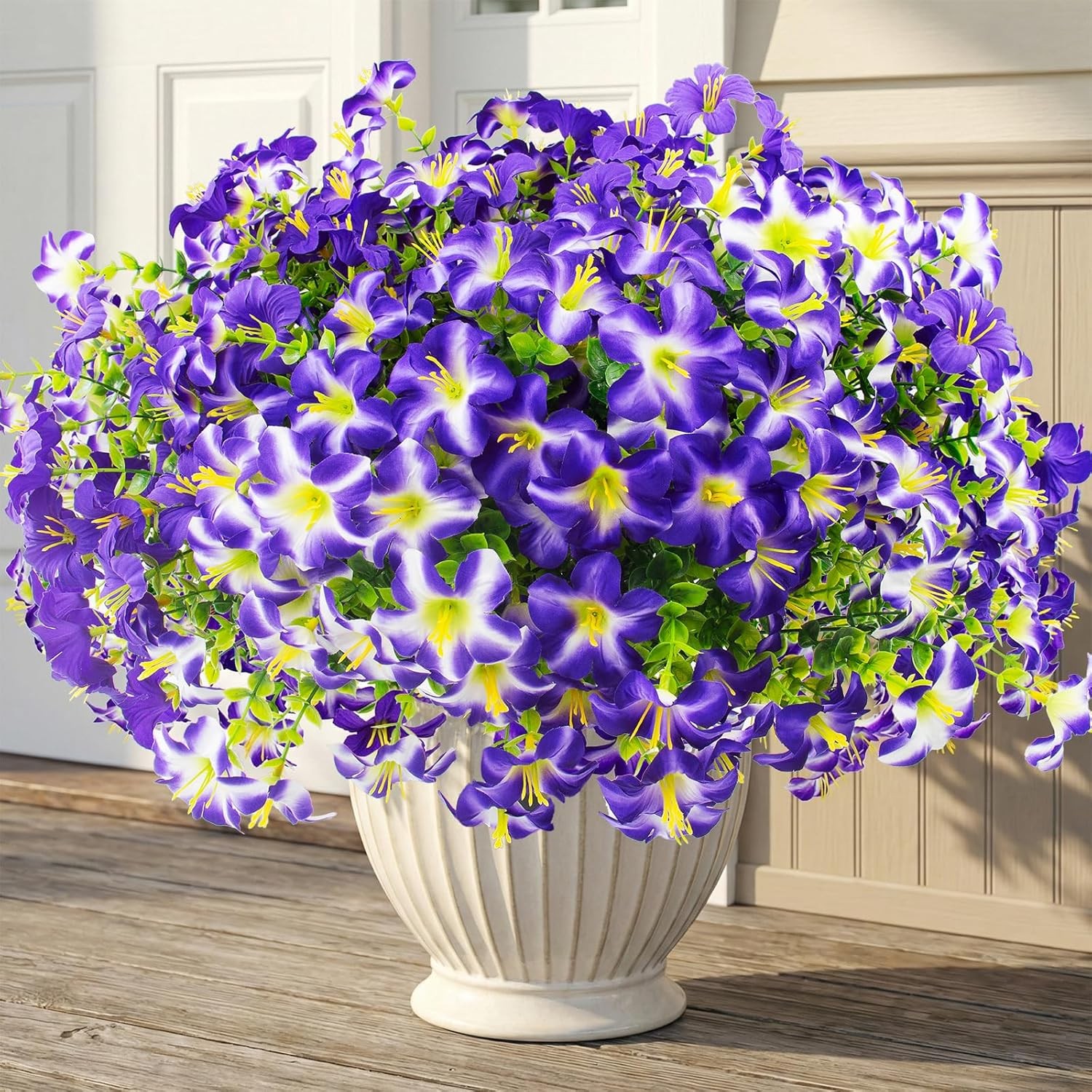 16 Pcs Faux Petunias Artificial Flowers for Outdoors, UV Resistant Fake Purple