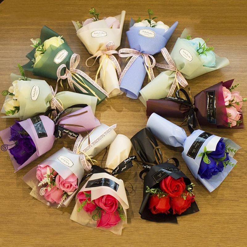 Valentine Rose Soap Flower Bouquet Gift Box with Teddy Bear Romantic Home Decor