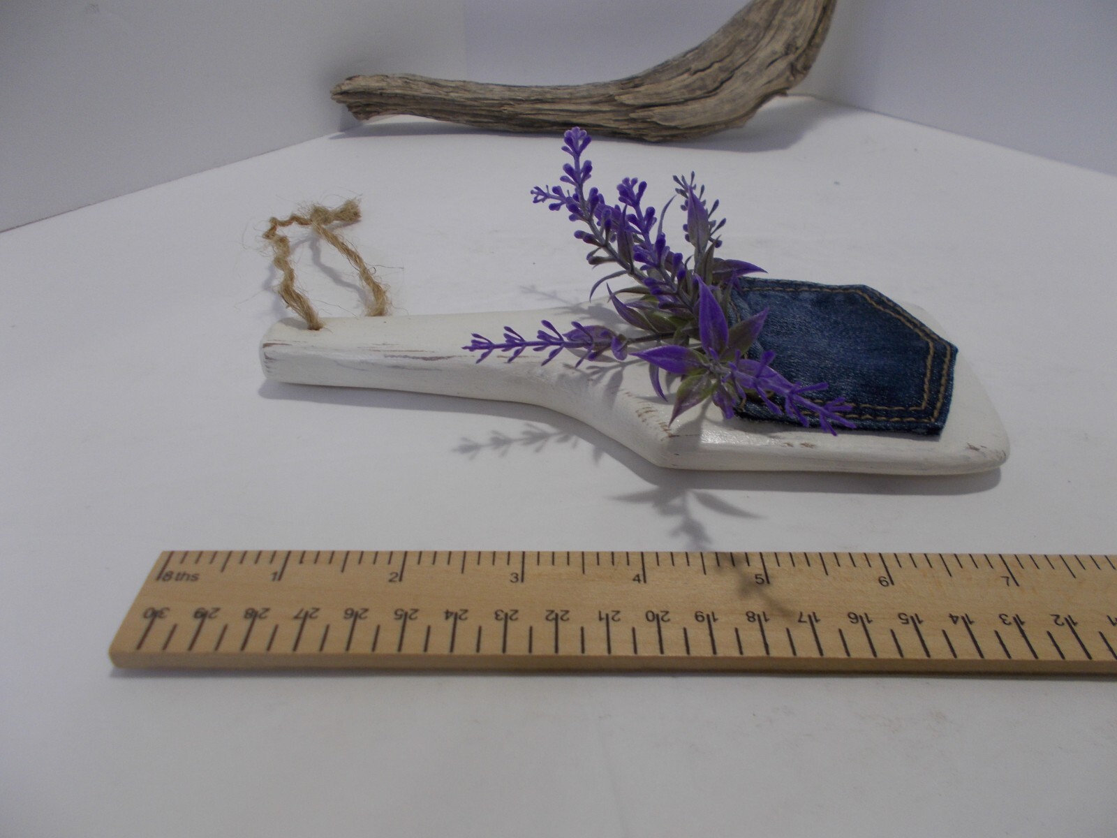 Butter Paddle Small Wooden with Small Denim Pocket of Faux Lavender Handcrafted