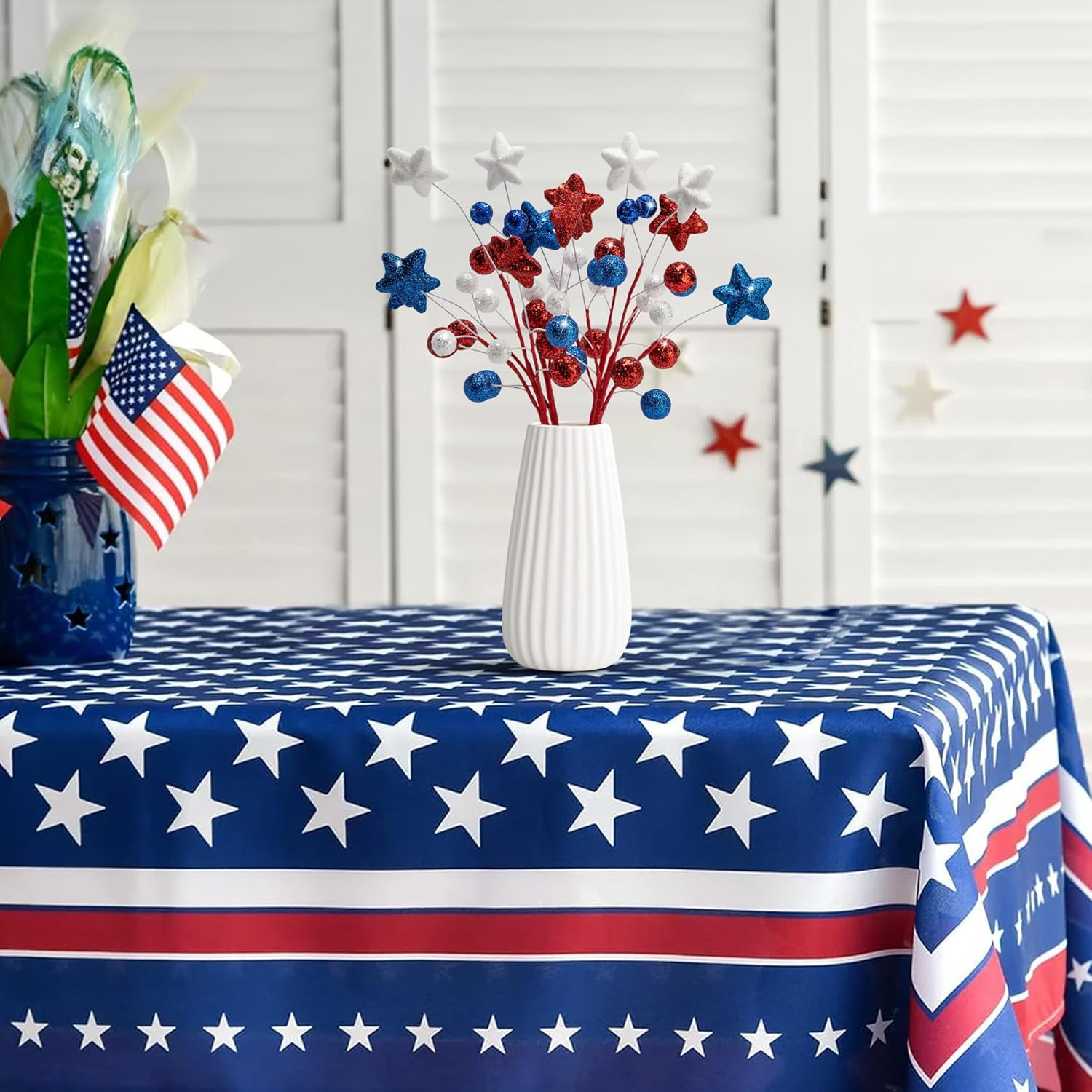 8 Pack 15″ Large Patriotic Glitter Ball Centerpiece Stems, Independence Day Arti