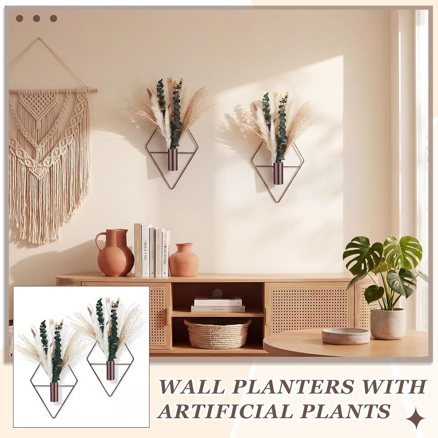 4 Pcs Metal Wall Hanging Planters with Fake Plants Eucalyptus Pampas Grass In…