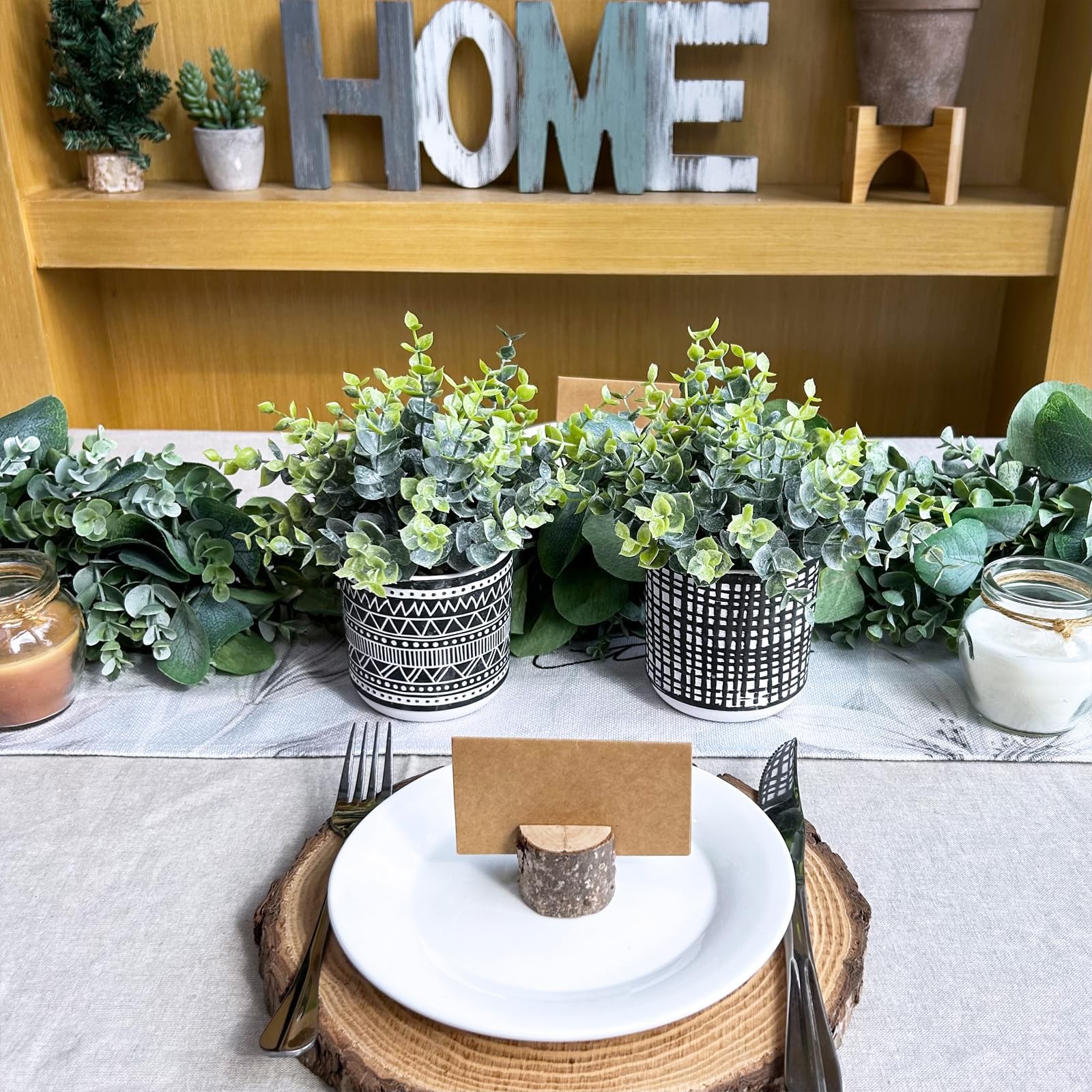 Set of 2 Small Potted Plants Artificial Eucalyptus Plant in Black Geometric C…