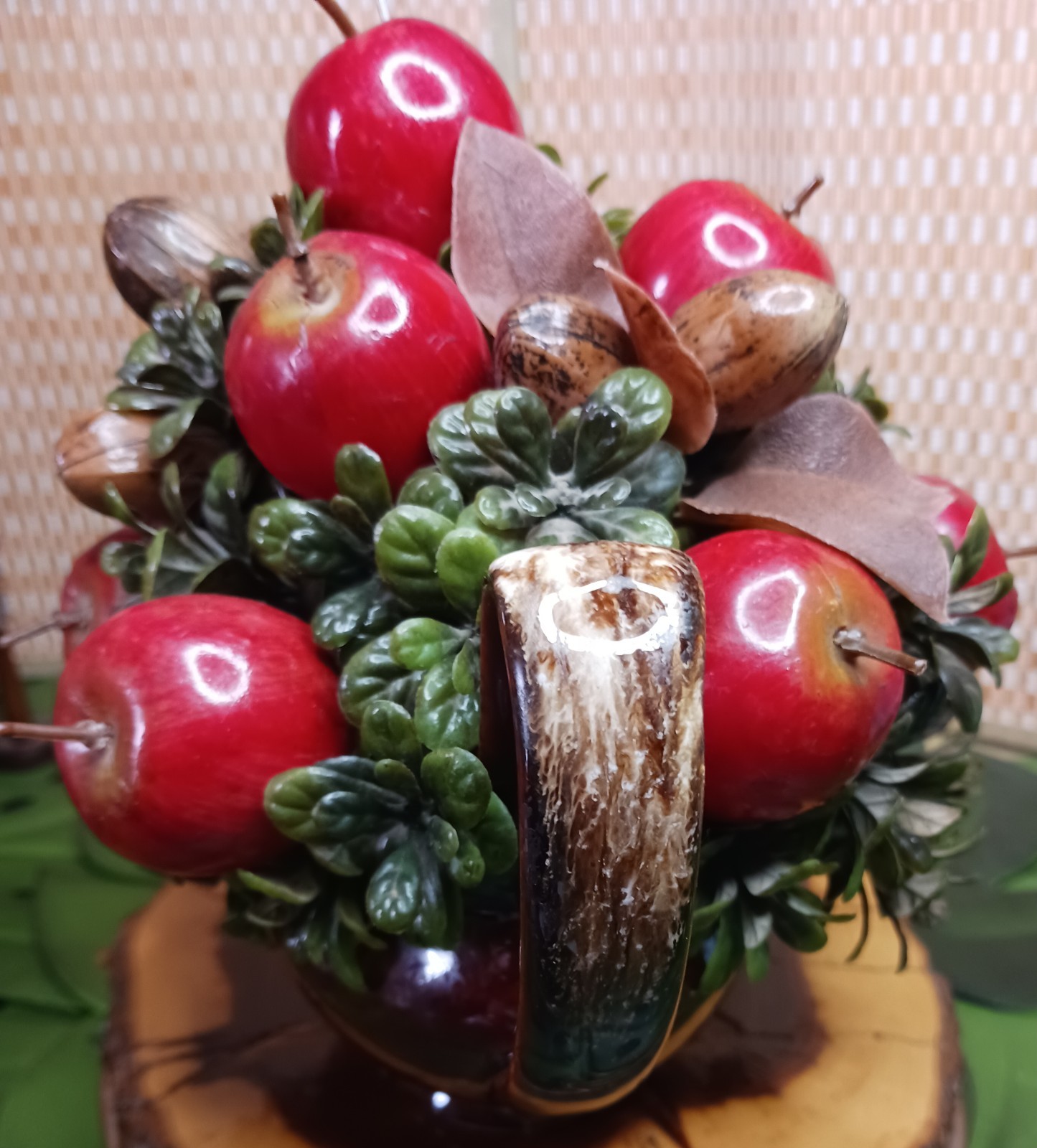 Faux Apple Nut Foliage Bouquet in HULL Vintage Teapot ~ Red Brown Green 11 x 8″