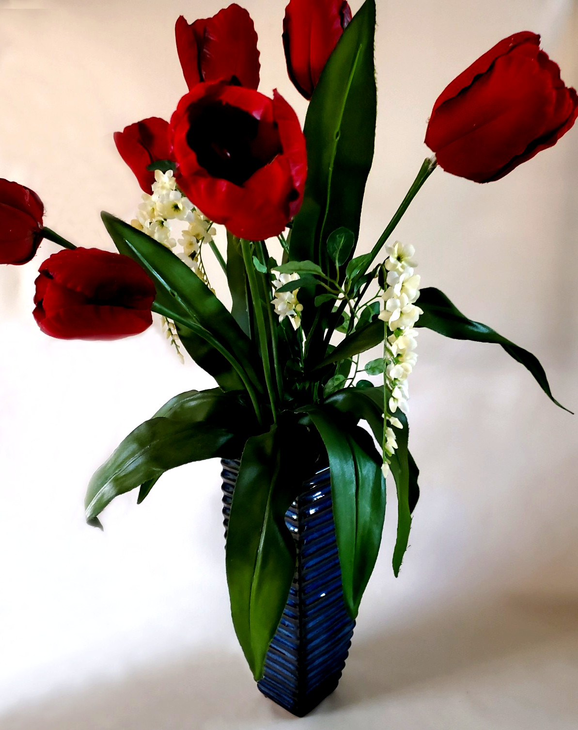 23″ Red Tulips Silk Floral Arrangement Blue Ceramic Vase Table Centerpiece