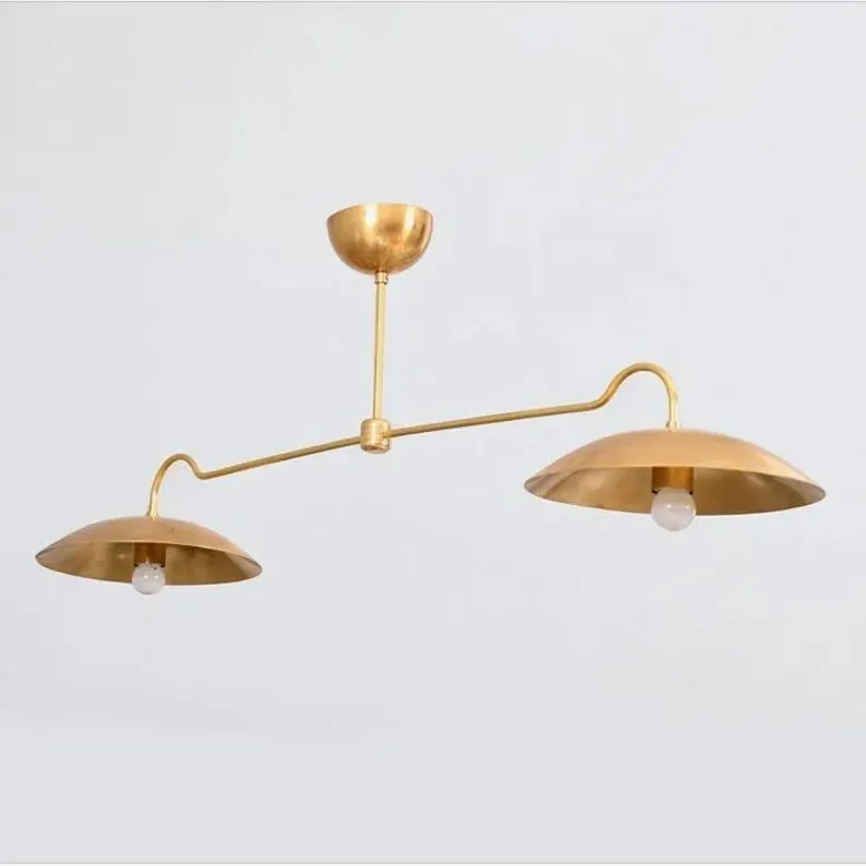 Linear Double Shade Brass Chandelier, Italian Style Mid Century Modern Brass Cei