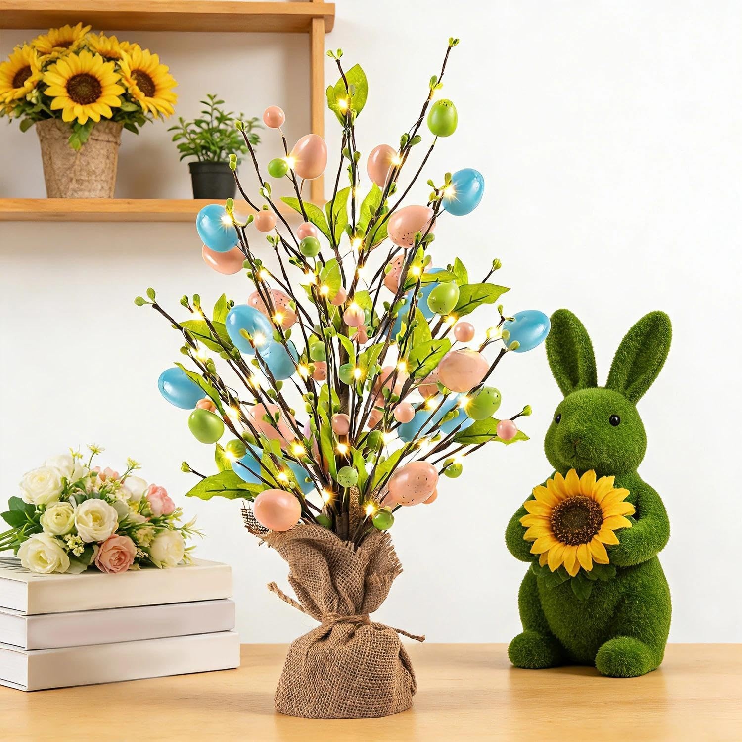 Easter Egg Table Tree Decor 18 Inch Pearl Tree With Hanging String Lights