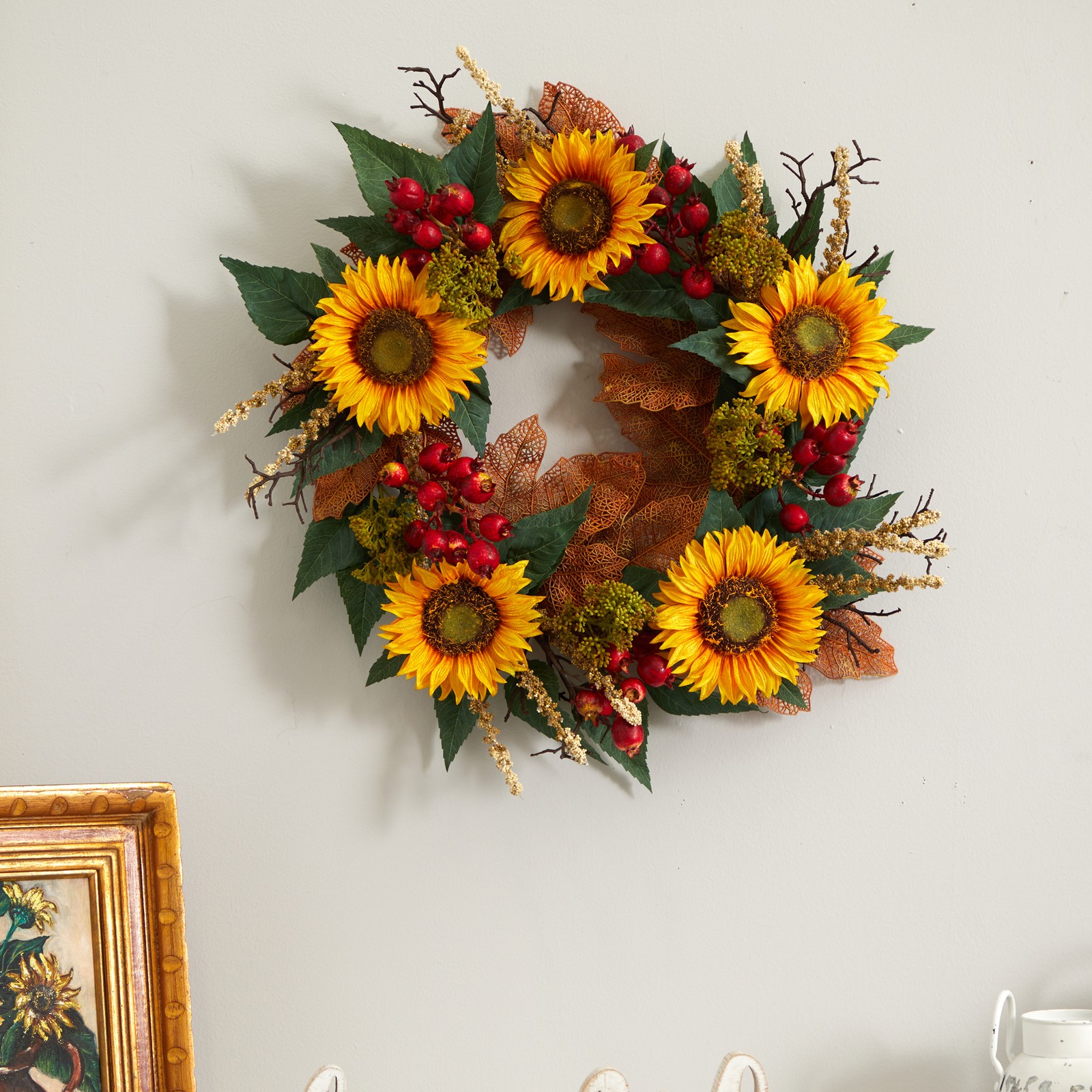 Nearly Natural 27″ Sunflower Berry Artificial Wreath in Multi-Color