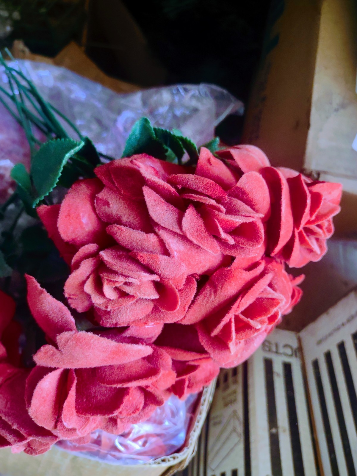1 Dozen Vintage 1960s Plastic Roses, 12″ Velvet Flocked, Clay Brick Red 12 Stems