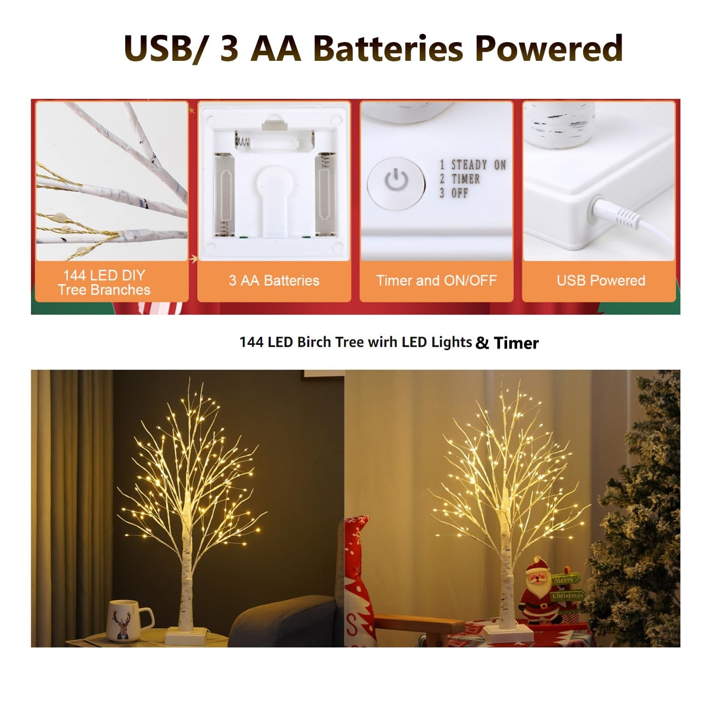 2FT Fairy Birch Tree with 144 LED Lights Artificial Tree Lamp with Timer for …
