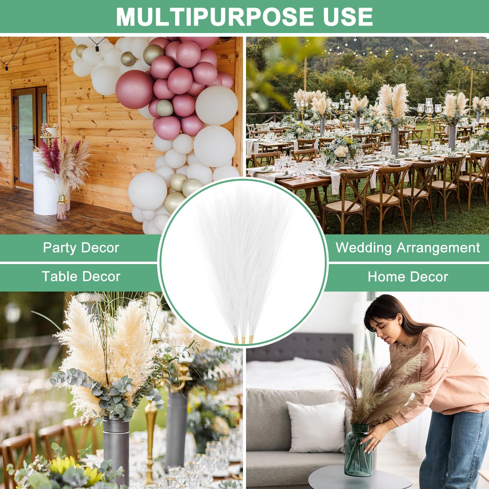 3-Pack Faux Pampas Grass 17.7 Inch/45cm Small 7 Branches Fake Fluffy Pampas G…