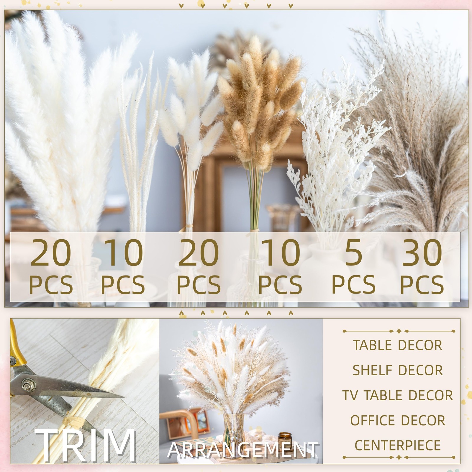 95 PCS Natural Pampas Grass Decor Bouquet | Boho Dried Floral Arrangement Cen…