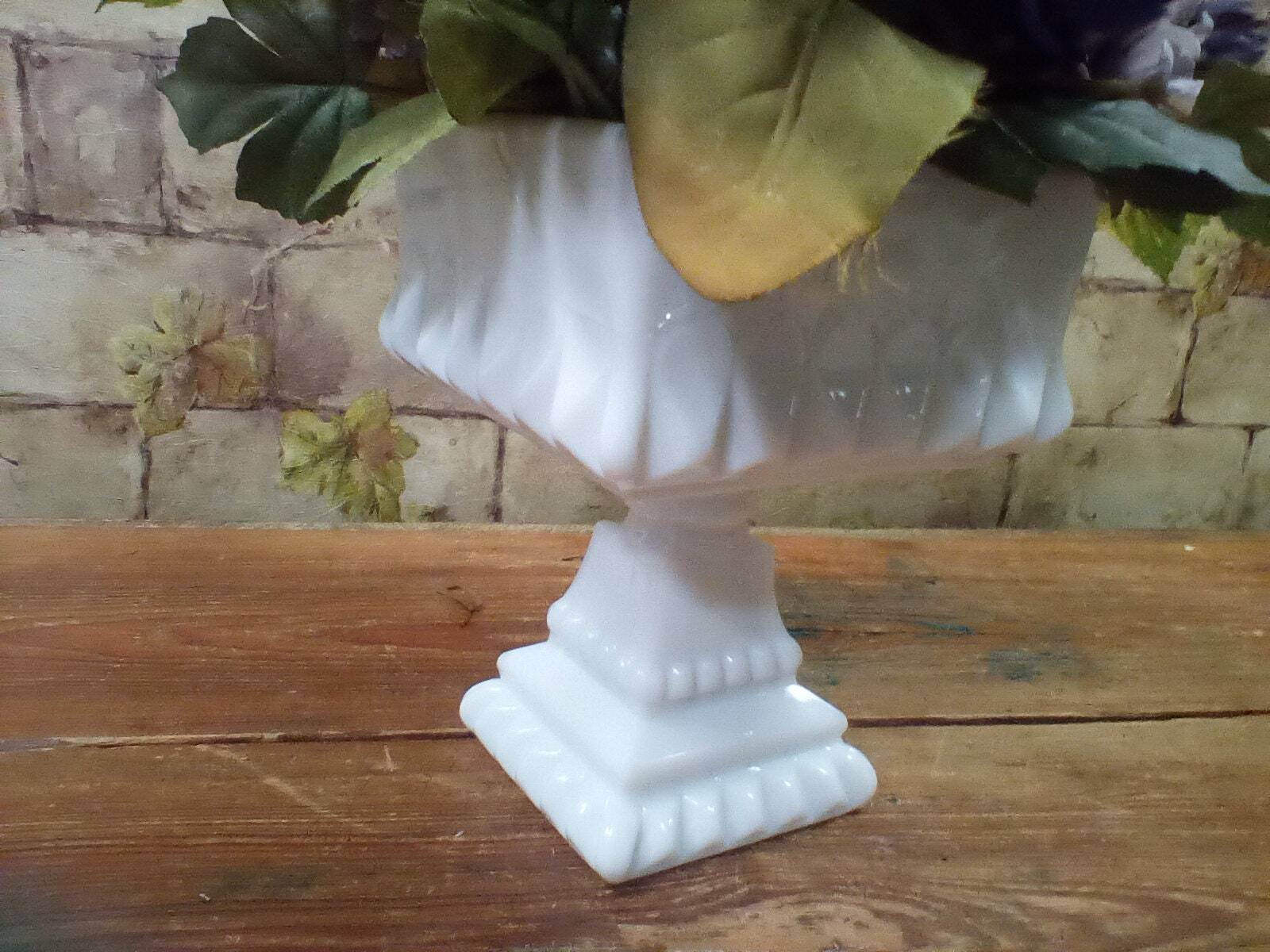 Blue Flower Arrangement in Vintage Milk Glass Pedestal Bowl 12″ Tall by 10″ Wide