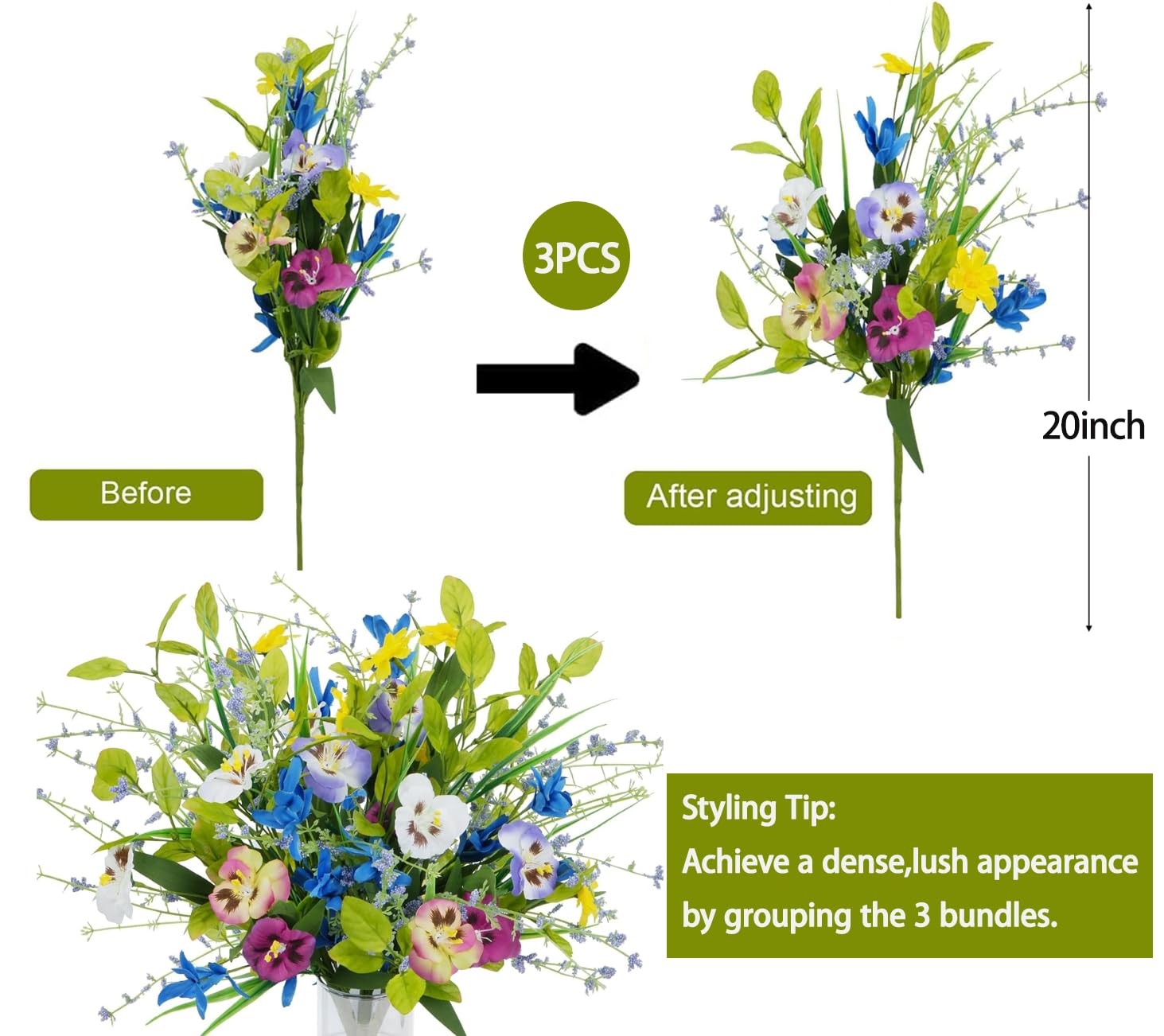 3 Bundles Artificial Wildflowers Fake Silk Mixed Pansies 20″ Vibrant Faux Flo…