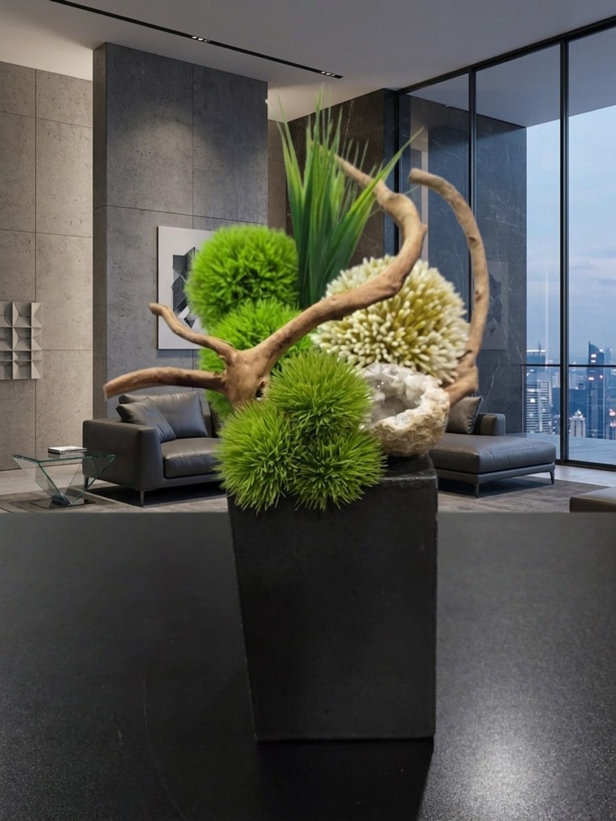 Zen Faux Floral Arrangement, Handmade Ikebana in Concrete Vase